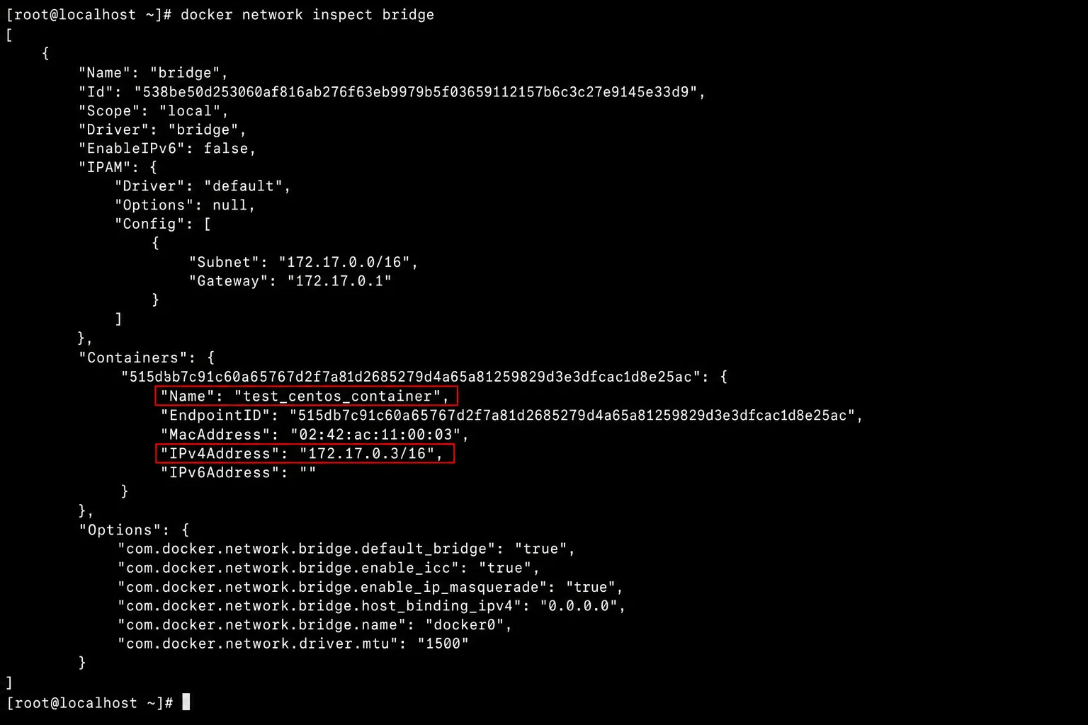 Terminal output of 'docker network inspect' showing Subnet, Gateway under IPAM Config, and a Containers section with container names and IPv4Addresses