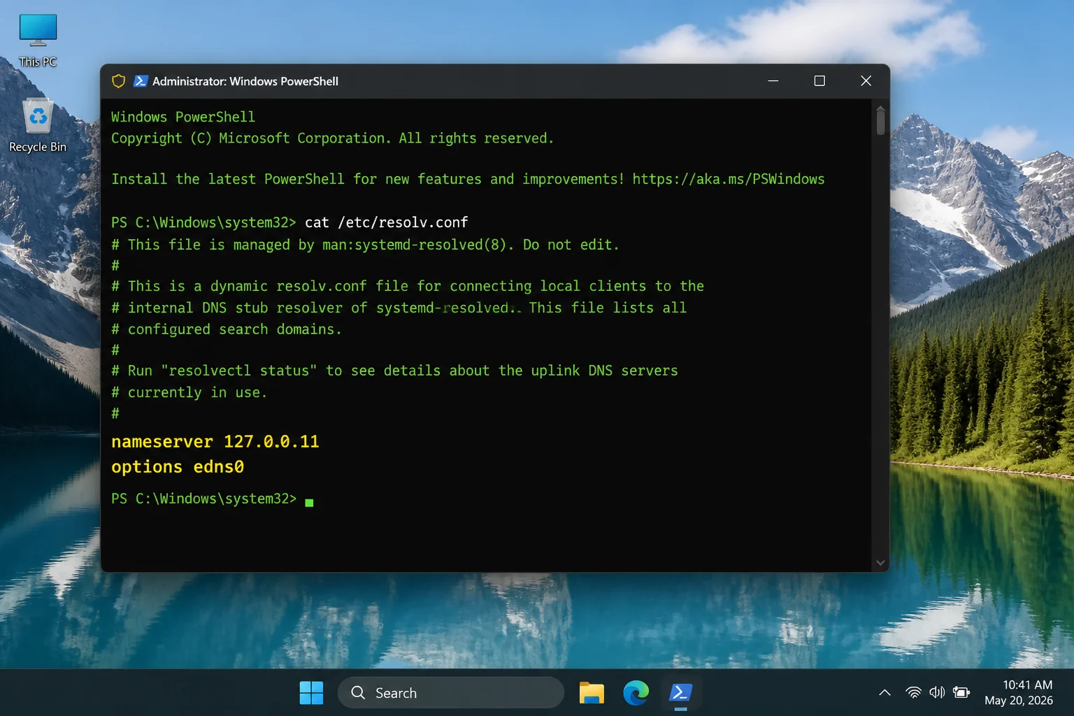 PowerShell showing the source container resolv.conf with nameserver 127.0.0.11 and the resolver options highlighted without assuming a fixed ndots value