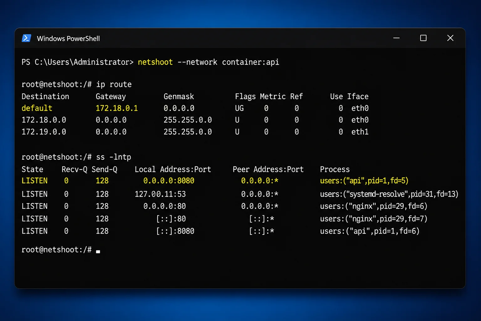 PowerShell showing Netshoot started with --network container:api, followed by ip route and ss -lntp with the default route and expected listener highlighted