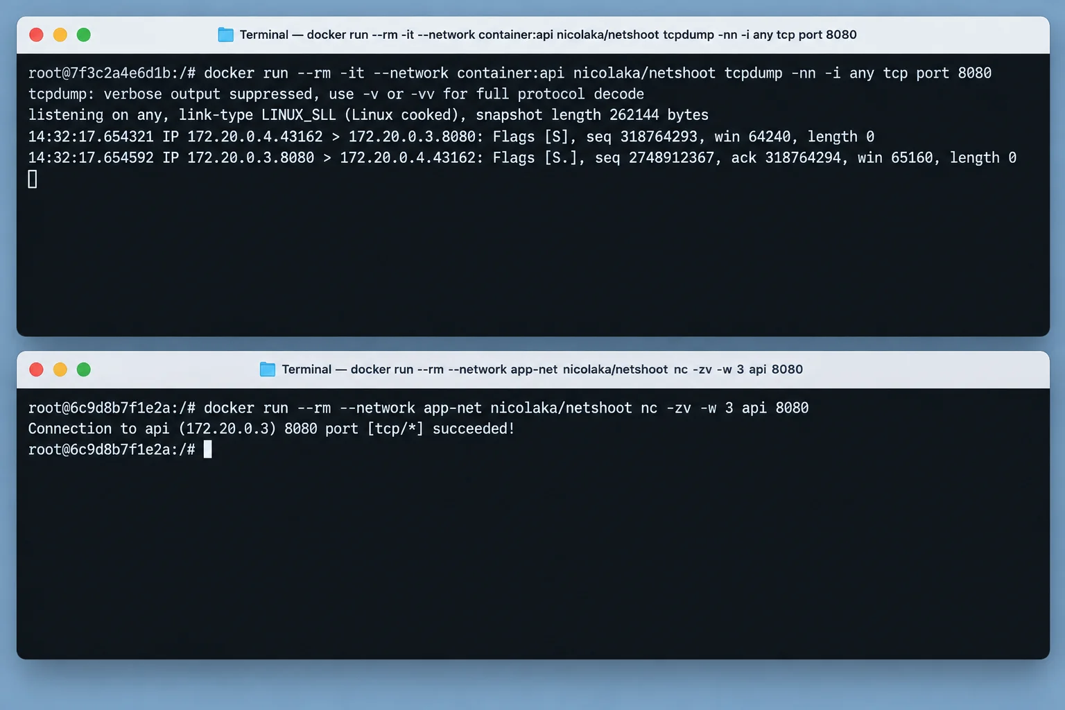 Terminal showing tcpdump filtered to TCP port 8080 with a connection attempt, source and destination addresses, SYN packet, and whether a reply appears