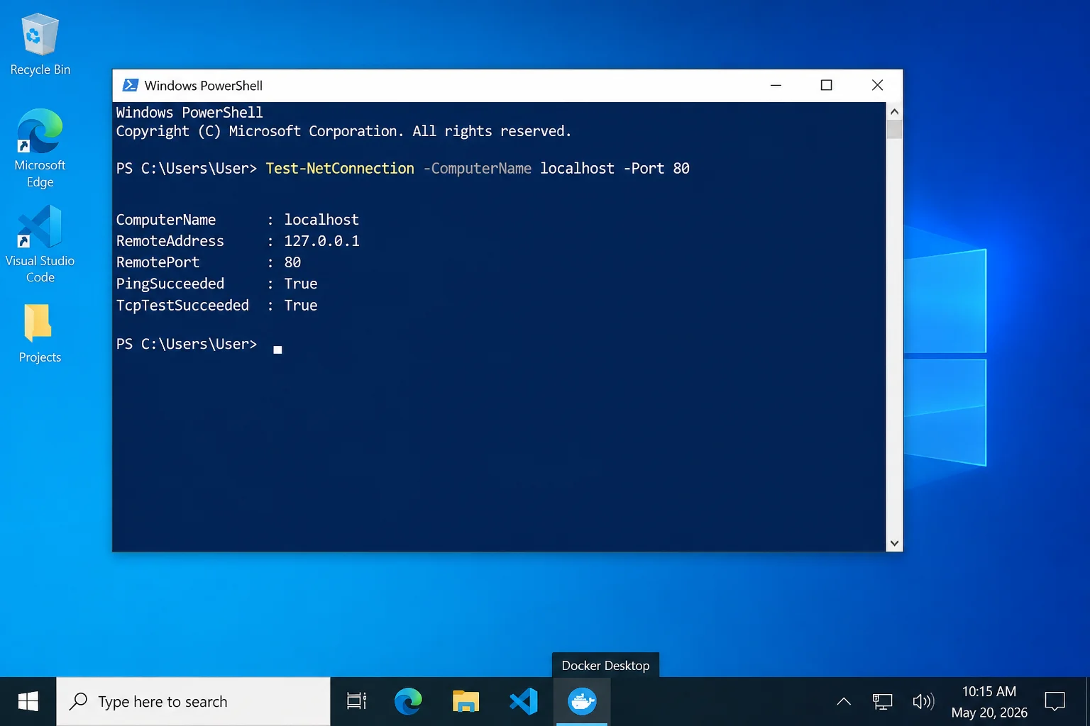 Windows desktop with PowerShell open, Docker Desktop running, and Test-NetConnection showing a successful localhost port test