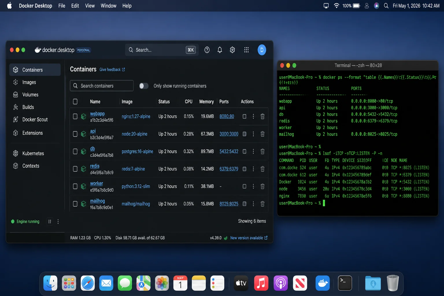 macOS desktop with Terminal open, Docker Desktop running, and docker port plus lsof output showing the published localhost port