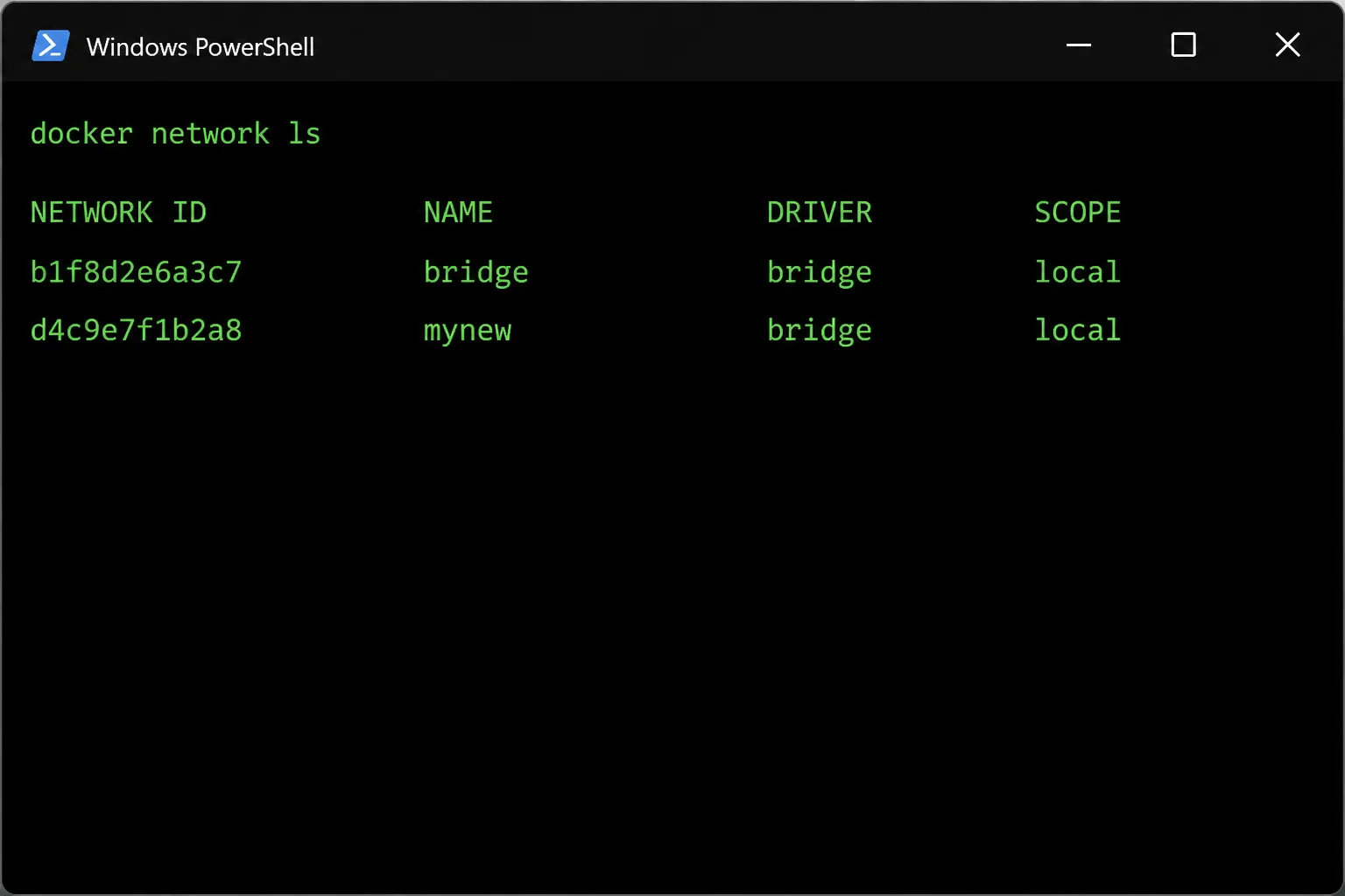 PowerShell showing docker network ls with the default bridge and app-net user-defined bridge, including the NAME and DRIVER columns