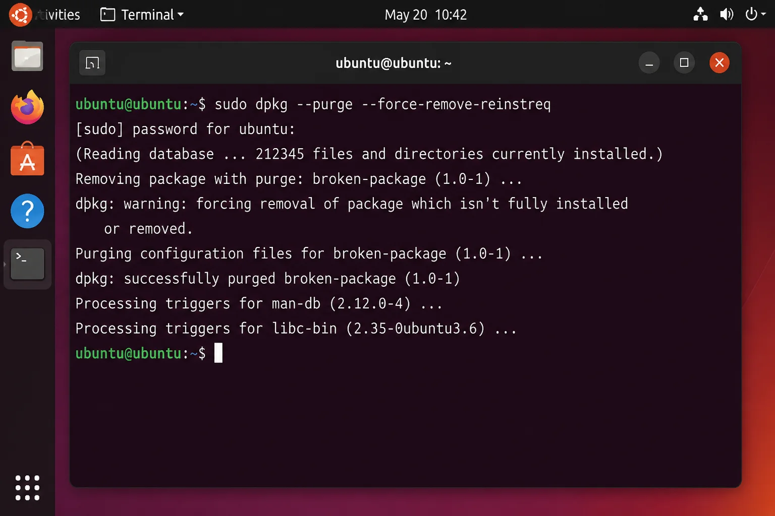 Terminal output of `sudo dpkg --purge --force-remove-reinstreq` showing the forced removal warning and confirmation that the package was purged