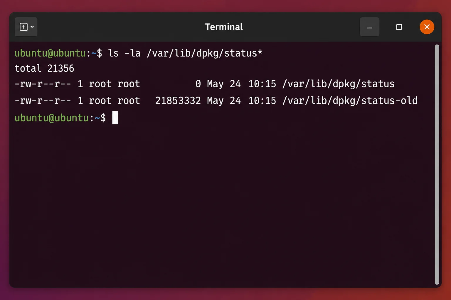 Directory listing from `ls -la /var/lib/dpkg/status*` showing status at 0 bytes and status-old at a normal multi-megabyte size, with timestamps visible