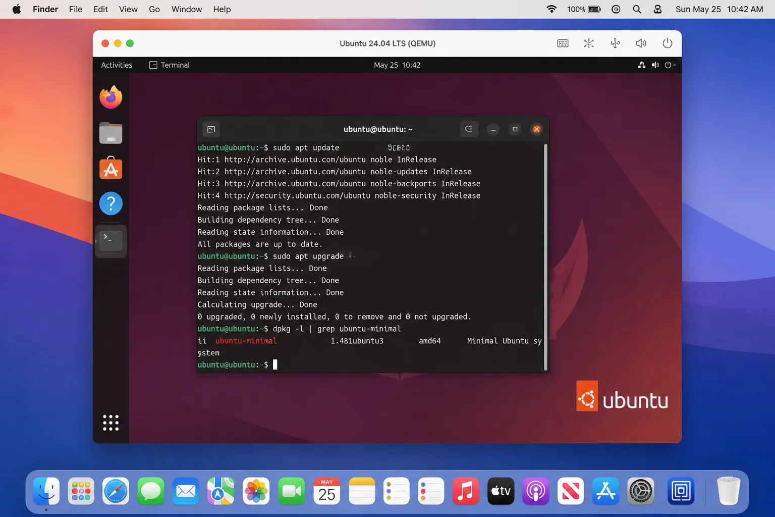 macOS running an Ubuntu 24.04 virtual machine window (UTM or Parallels) alongside a Terminal.app window, illustrating the setup used to run apt/dpkg commands from a Mac host