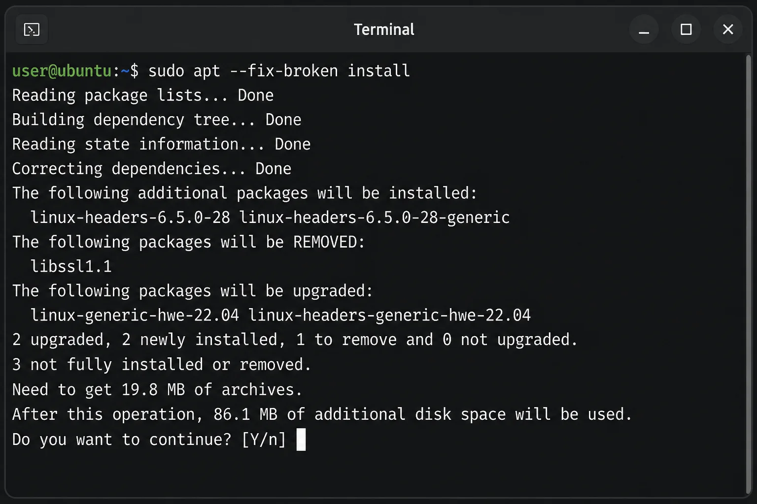 Terminal output of `sudo apt --fix-broken install` summarizing packages to upgrade and remove, with the Y/n confirmation prompt visible