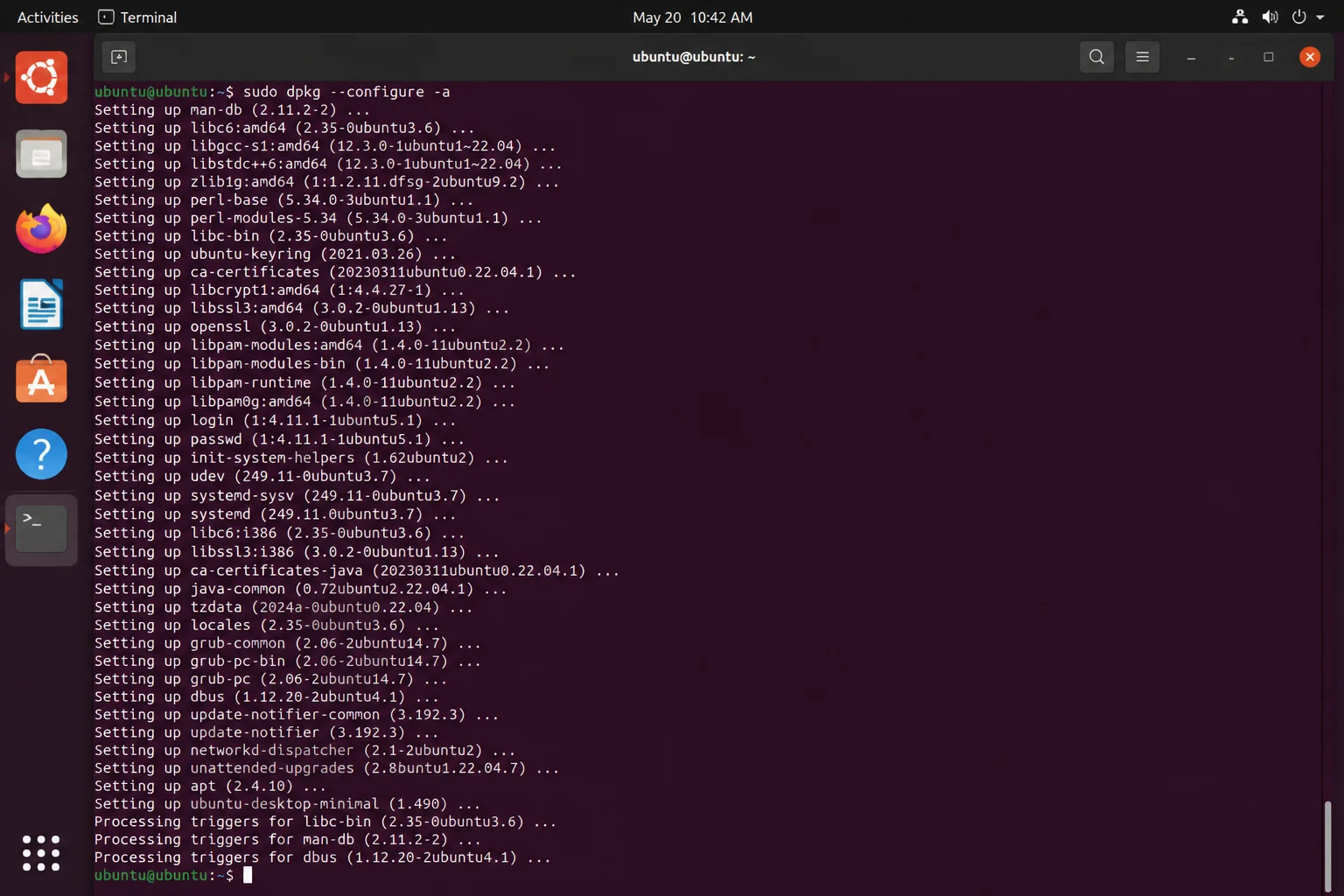Terminal output of `sudo dpkg --configure -a` showing several packages being configured/resumed in sequence