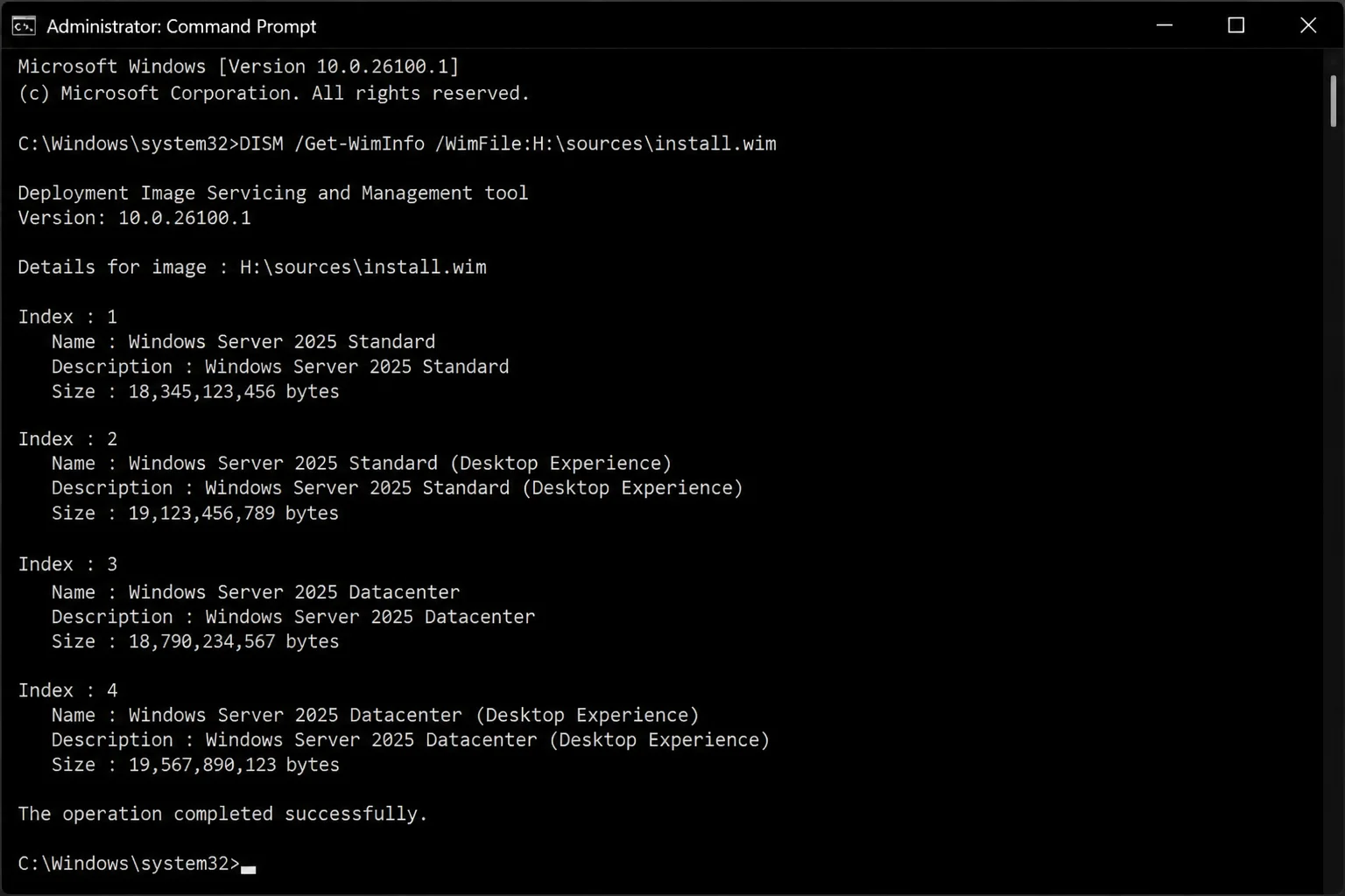 DISM Get-WimInfo output showing Windows Server 2025 image indexes and edition names