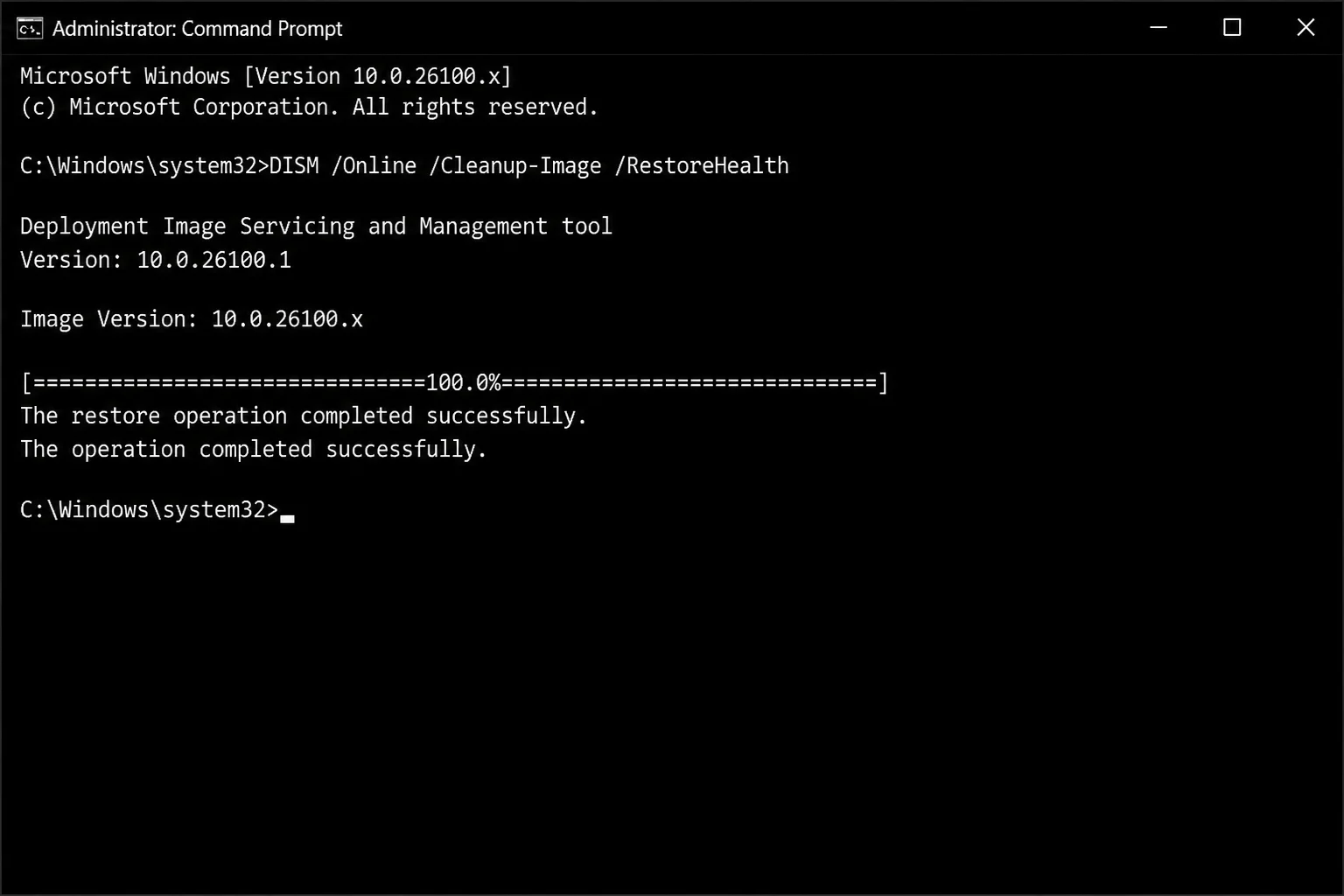 DISM RestoreHealth output showing 100 percent completion and The restore operation completed successfully