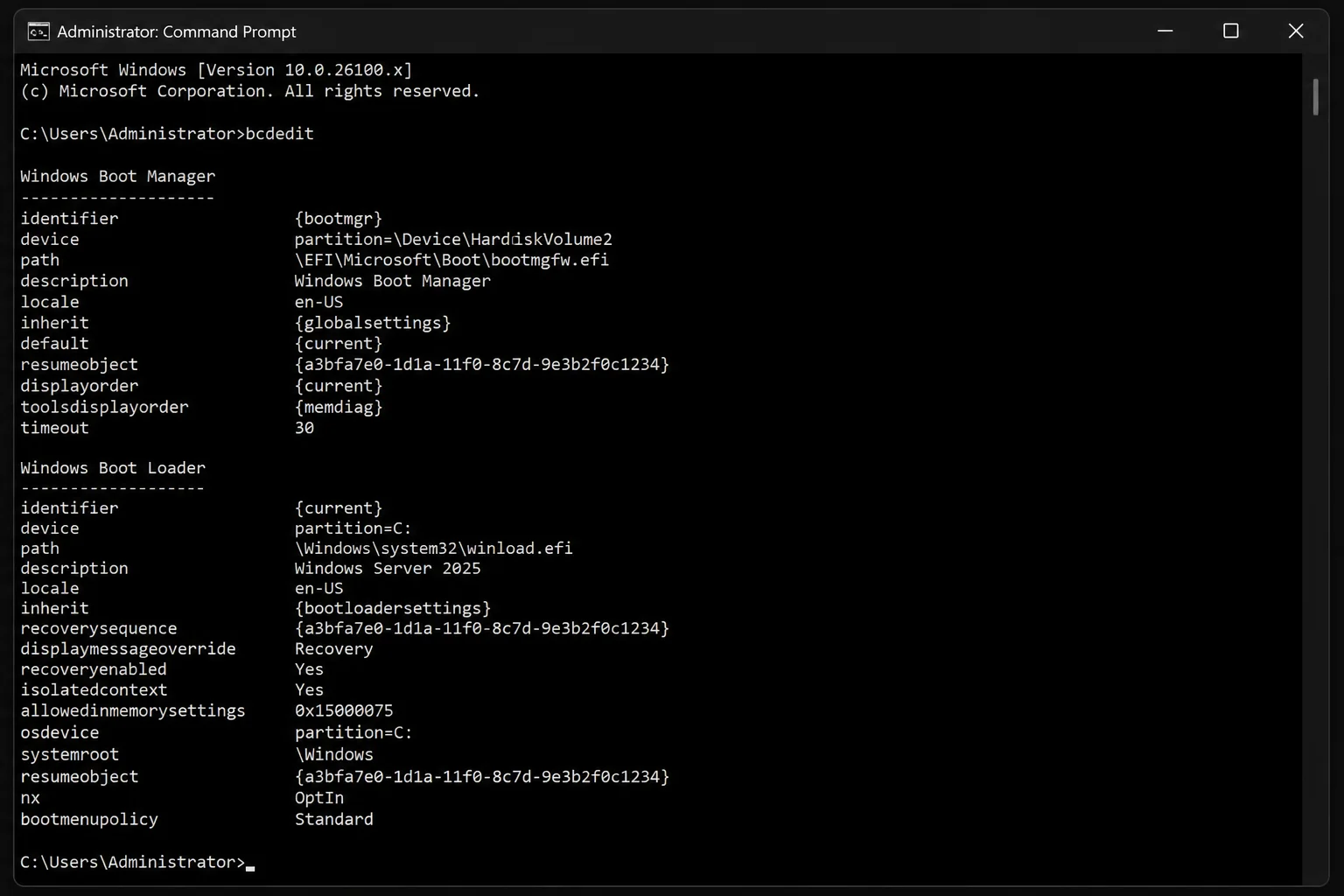 BCDEdit output from the rebuilt EFI BCD store showing boot manager and Windows loader entries