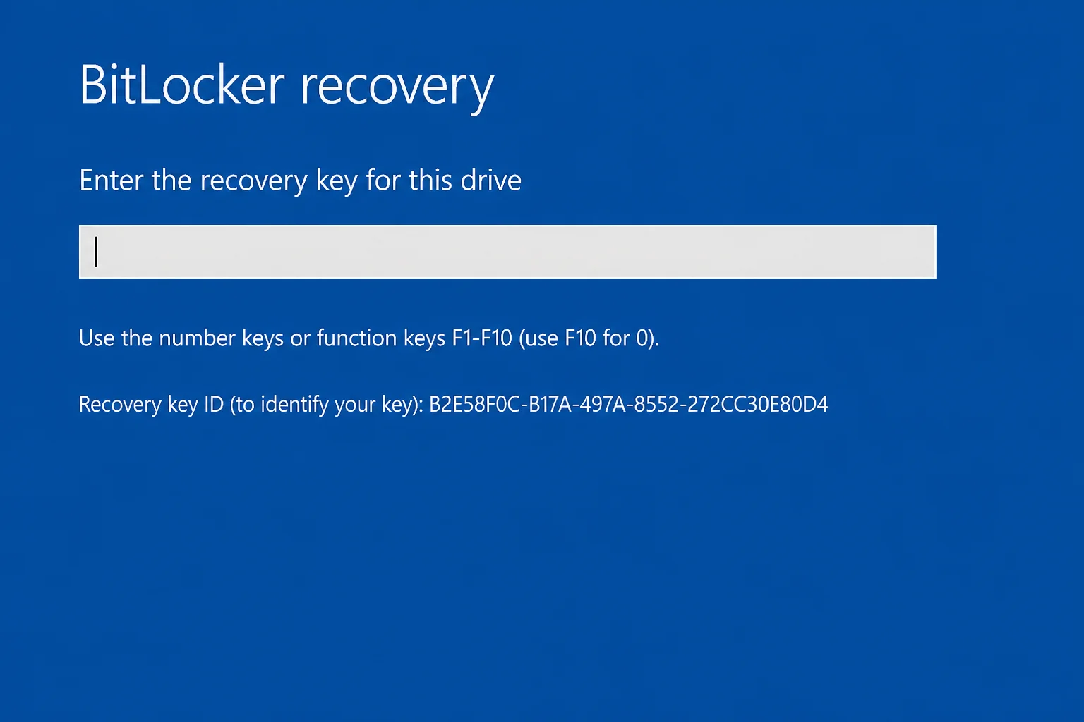 BitLocker Recovery screen showing the 48-digit recovery key entry field and Key ID