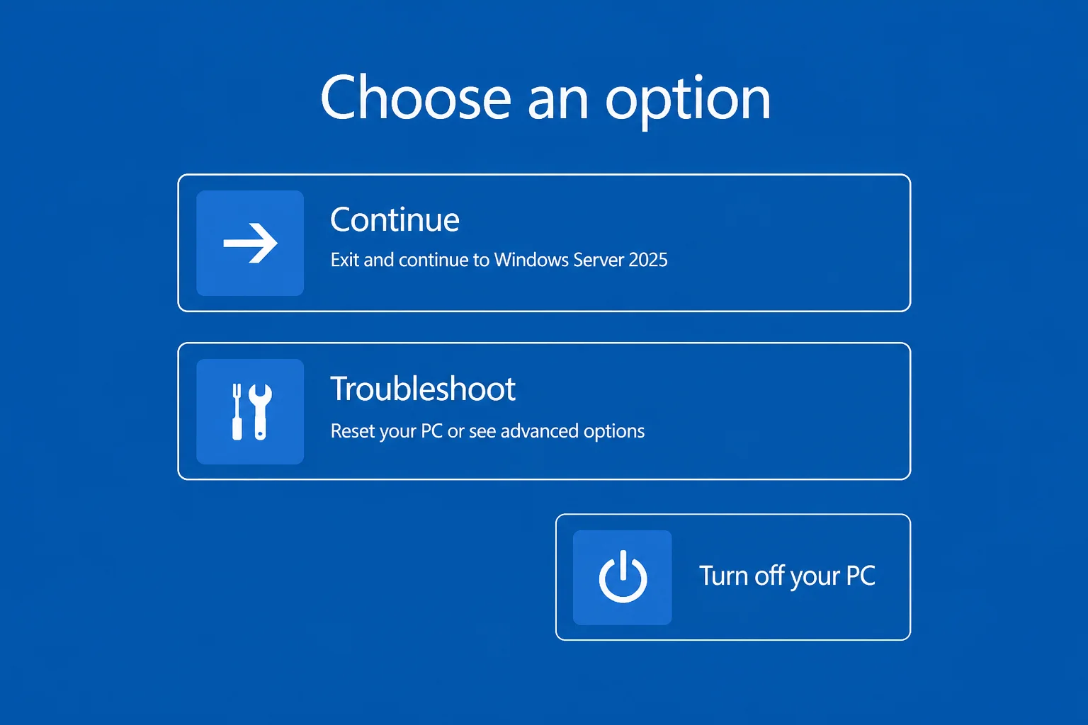WinRE Choose an option screen showing Continue, Troubleshoot, and Turn off your PC, with Troubleshoot highlighted