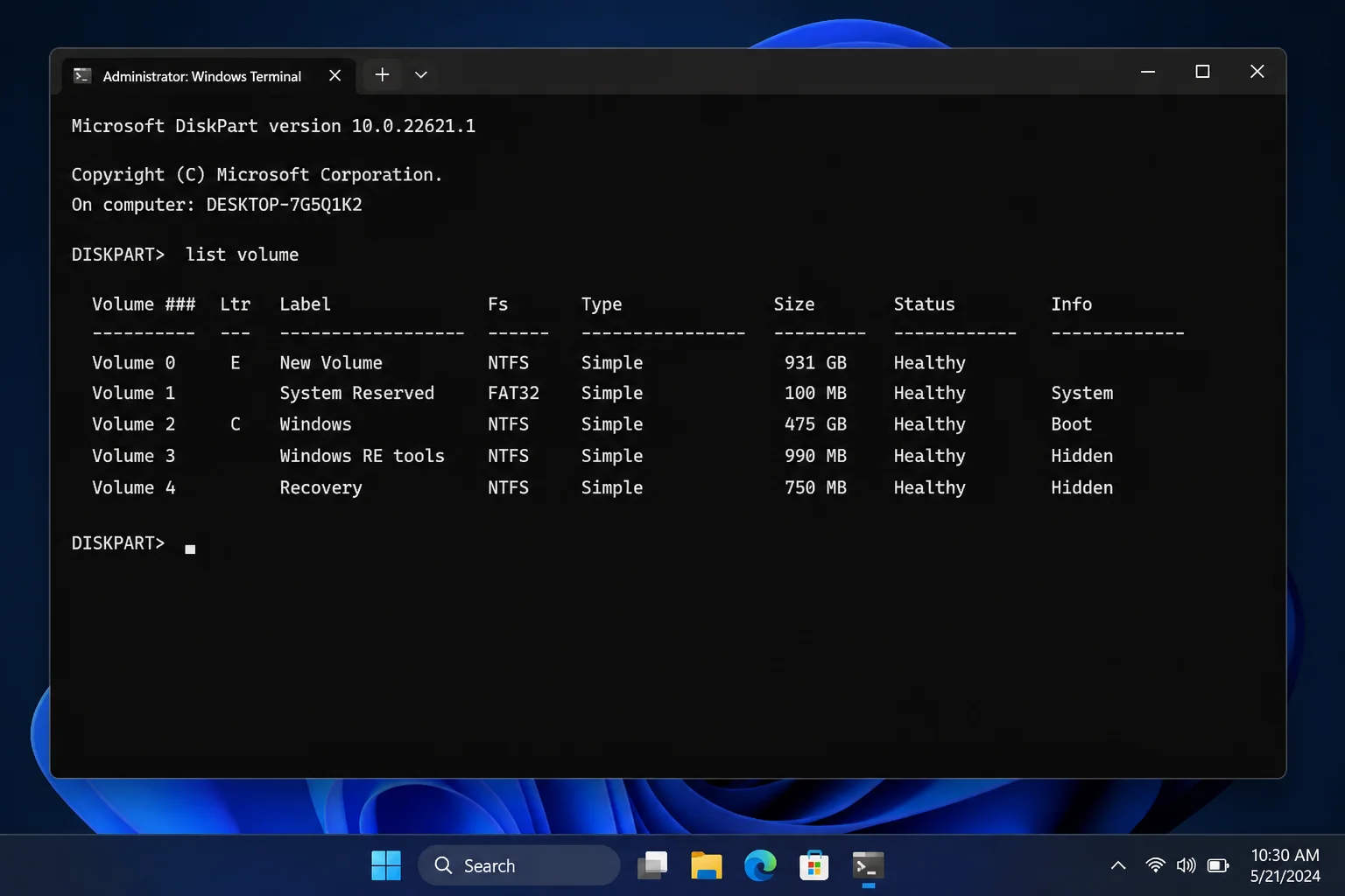 DiskPart list volume and list partition output showing the Windows, EFI System, and Recovery partitions