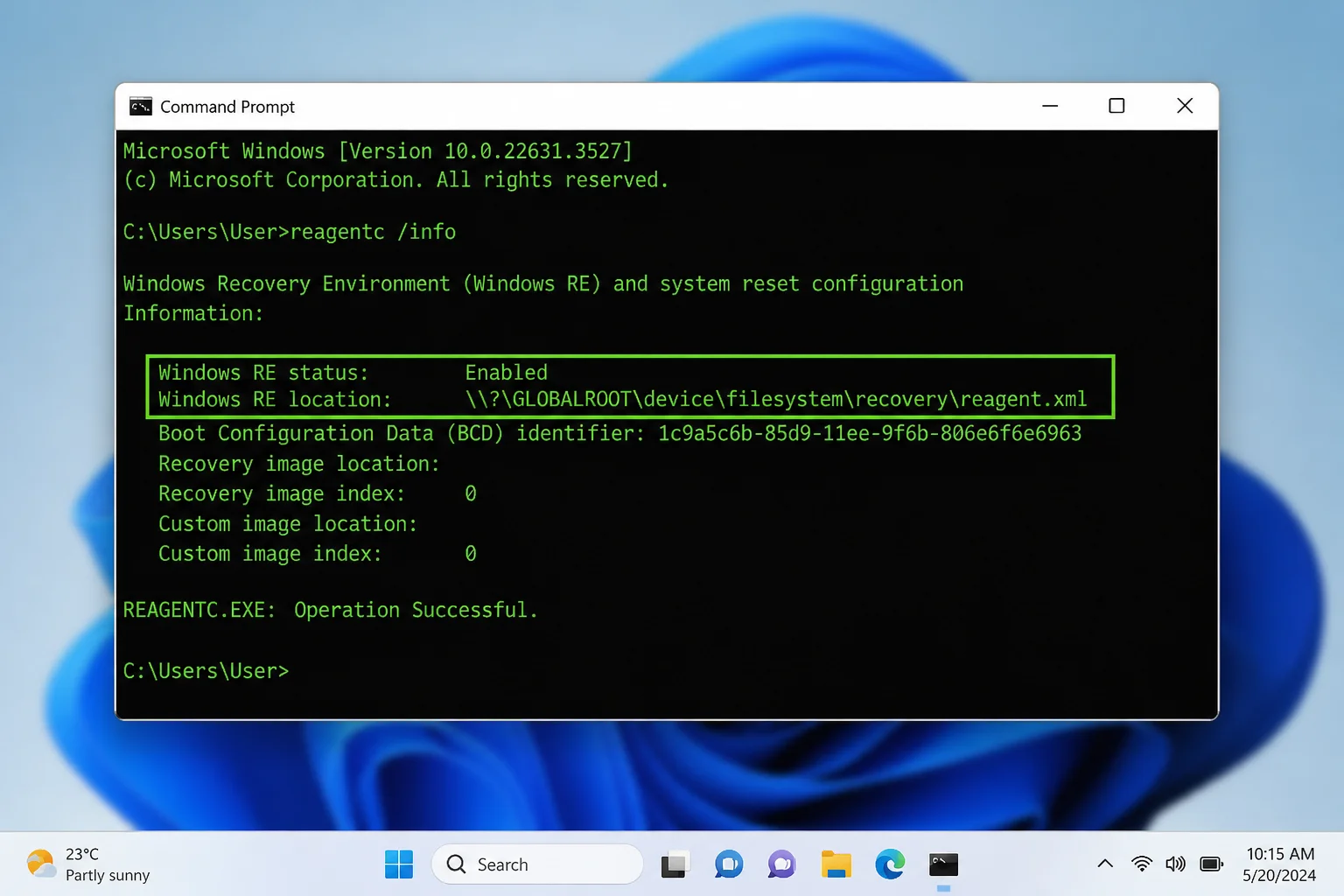 Elevated Command Prompt showing reagentc /info with Windows RE status and Windows RE location highlighted