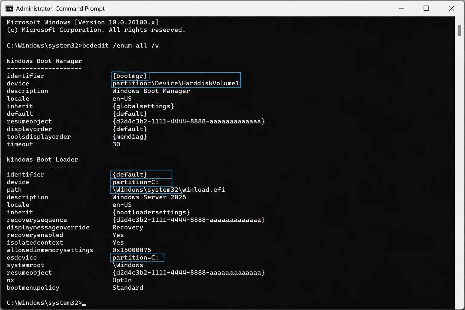 BCDEdit enum all verbose output showing Windows Boot Manager and Windows Boot Loader entries, with identifiers, device, and osdevice highlighted