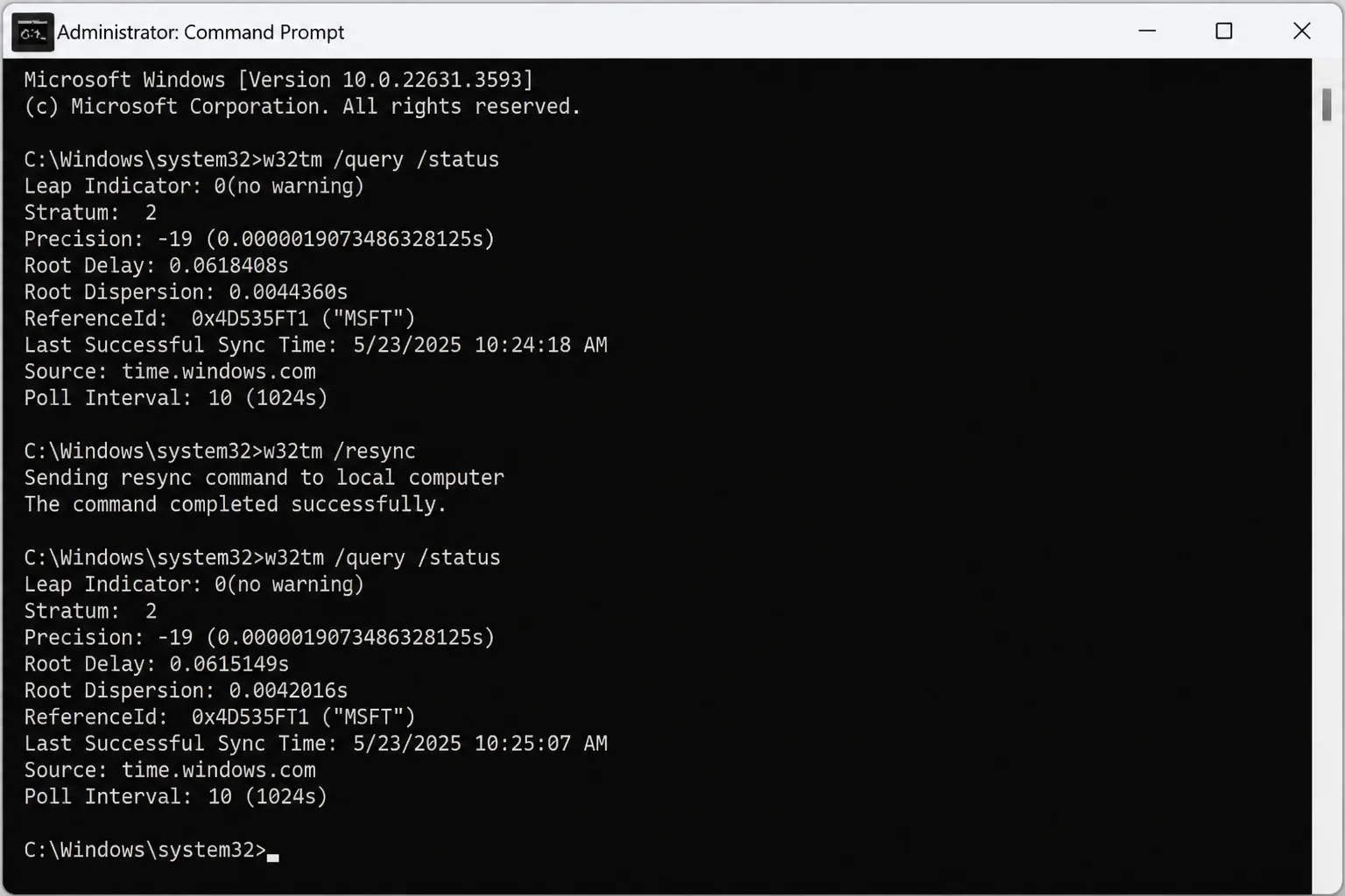 Verification output after correcting the PDC emulator, showing approved Source, successful synchronization time, and plausible Stratum