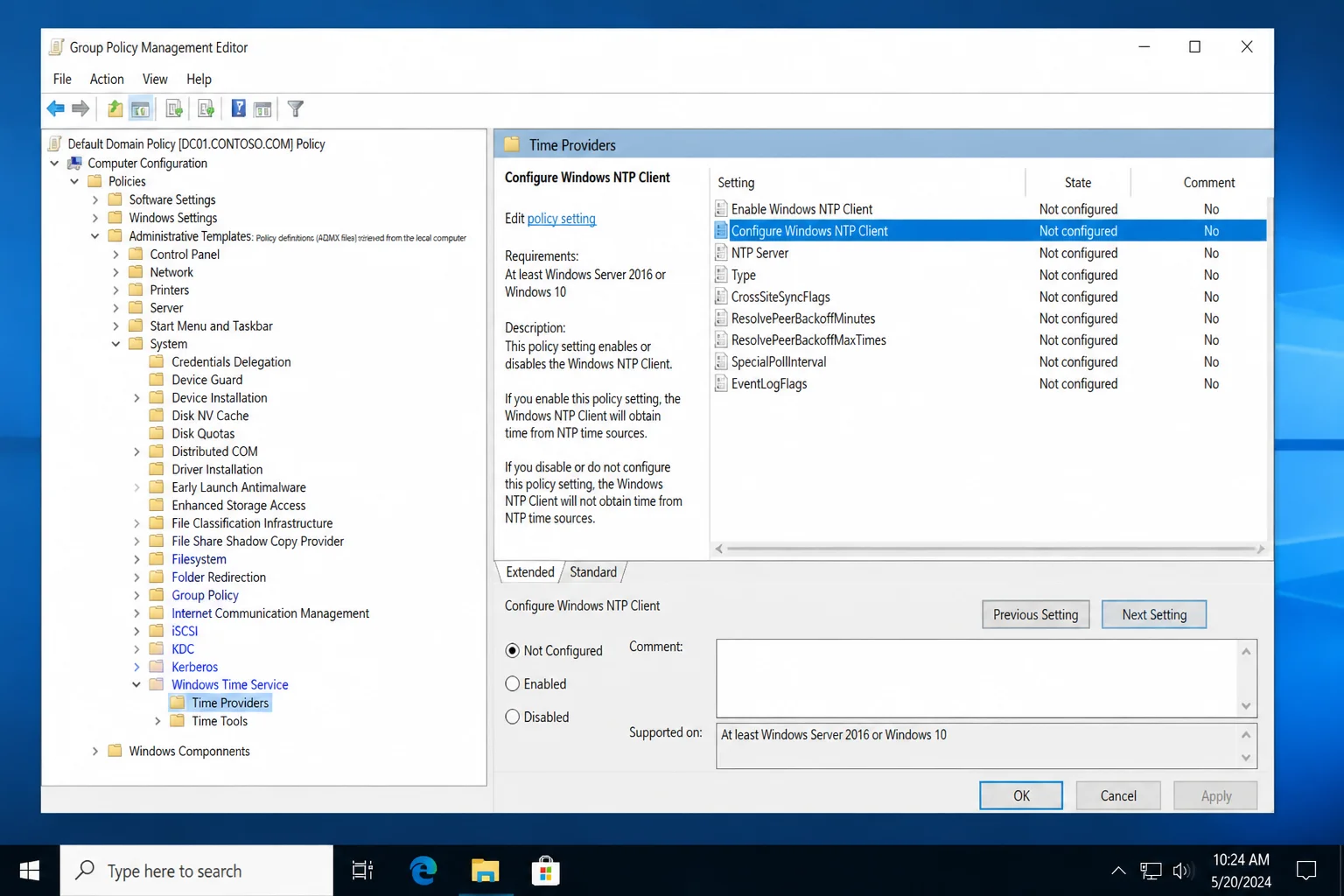 Group Policy editor showing Computer Configuration, Administrative Templates, System, Windows Time Service, and Time Providers with Configure Windows NTP Client selected