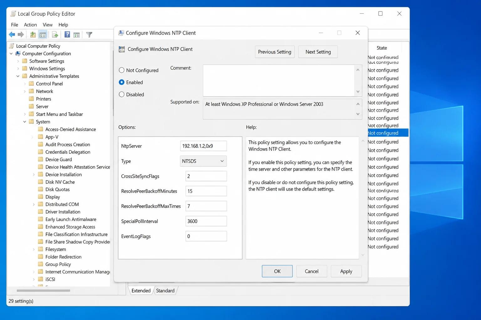 Configure Windows NTP Client policy dialog showing policy-state controls, NtpServer field, and Type field without an environment-specific value