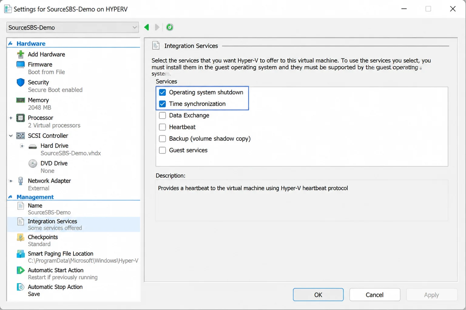 Stable Hyper-V or VMware virtual-machine settings showing the host integration time synchronization control