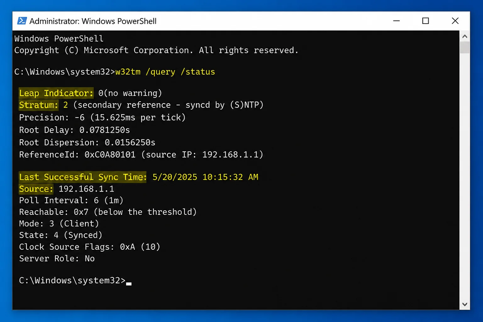 Elevated terminal running w32tm /query /status with Source, Stratum, Last Successful Sync Time, and Leap Indicator highlighted