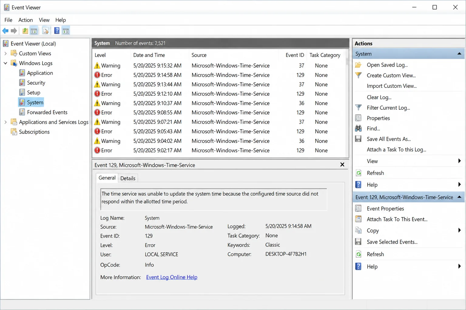 Event Viewer System log filtered to Microsoft-Windows-Time-Service warnings and errors with source, level, timestamp, and diagnostic message visible
