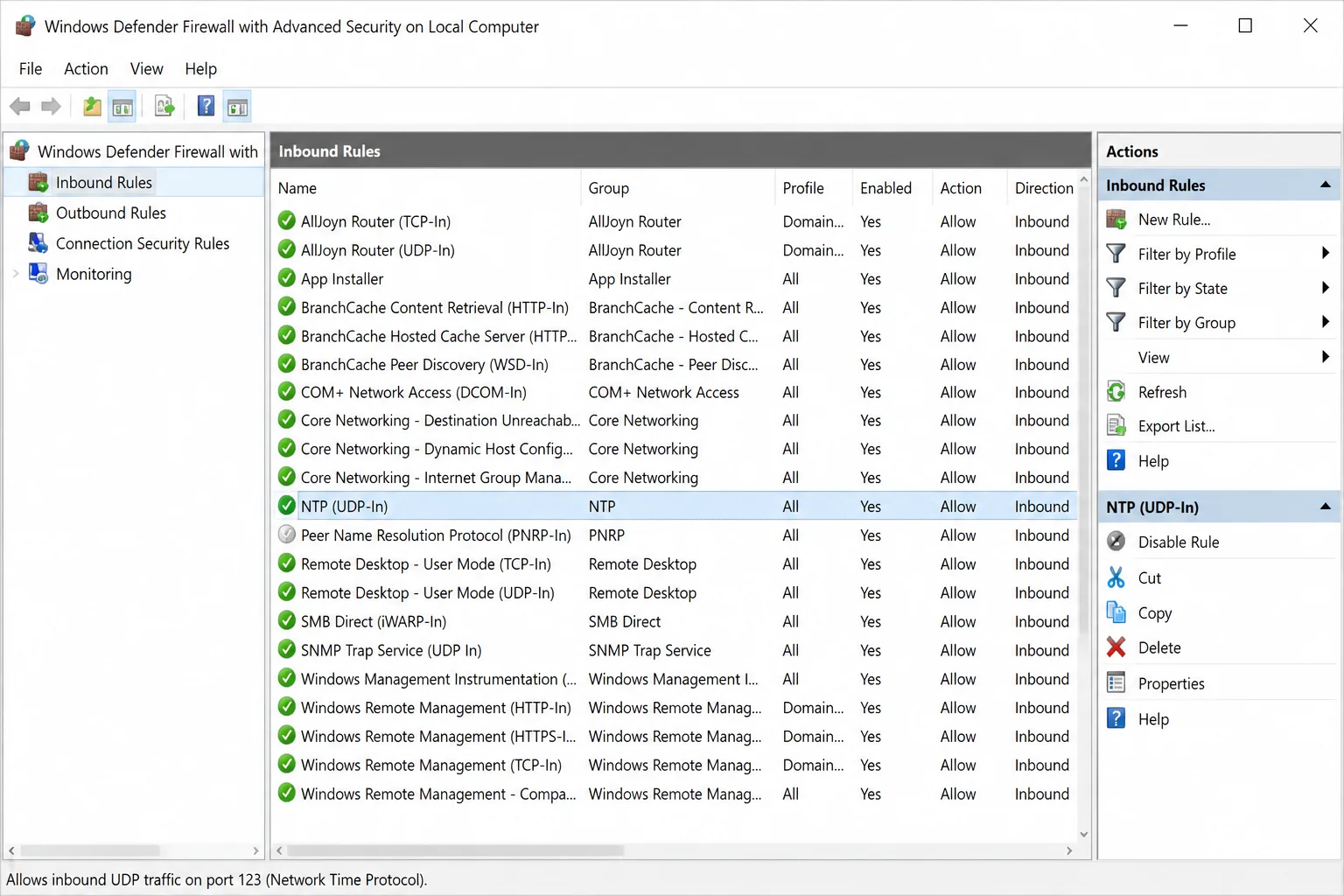 Windows Defender Firewall management view showing the applicable enabled rule or policy for NTP traffic over UDP port 123