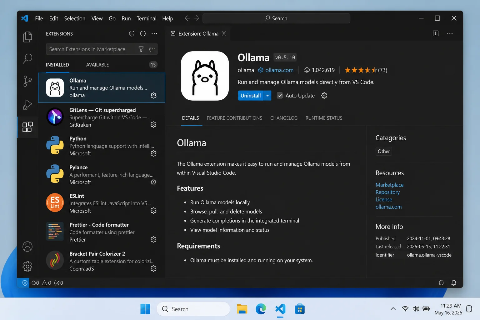 VS Code Extensions view showing the verified Ollama extension in its installed state, including the extension name and publisher