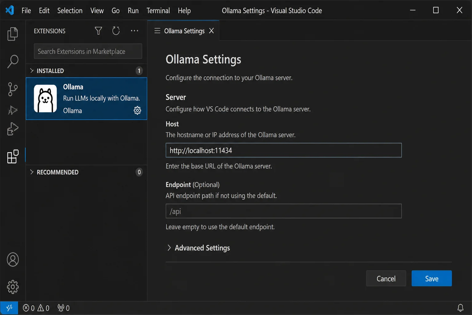 VS Code extension settings showing Ollama as the provider and http://localhost:11434 as the local server address