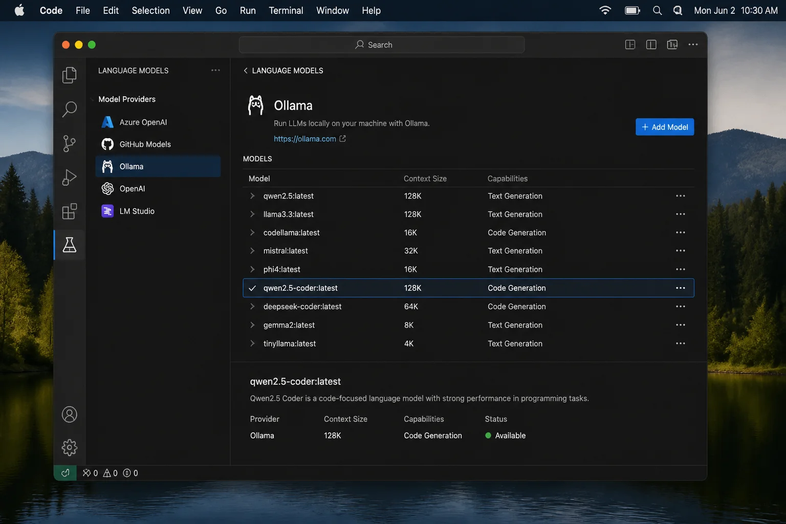 VS Code provider or model picker showing Ollama and the exact locally installed qwen2.5-coder model selected