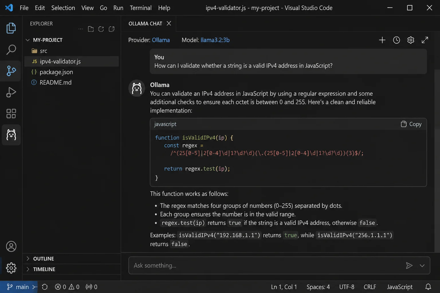 Successful test response in VS Code with the Ollama provider and selected local model visibly identified and no private source code shown