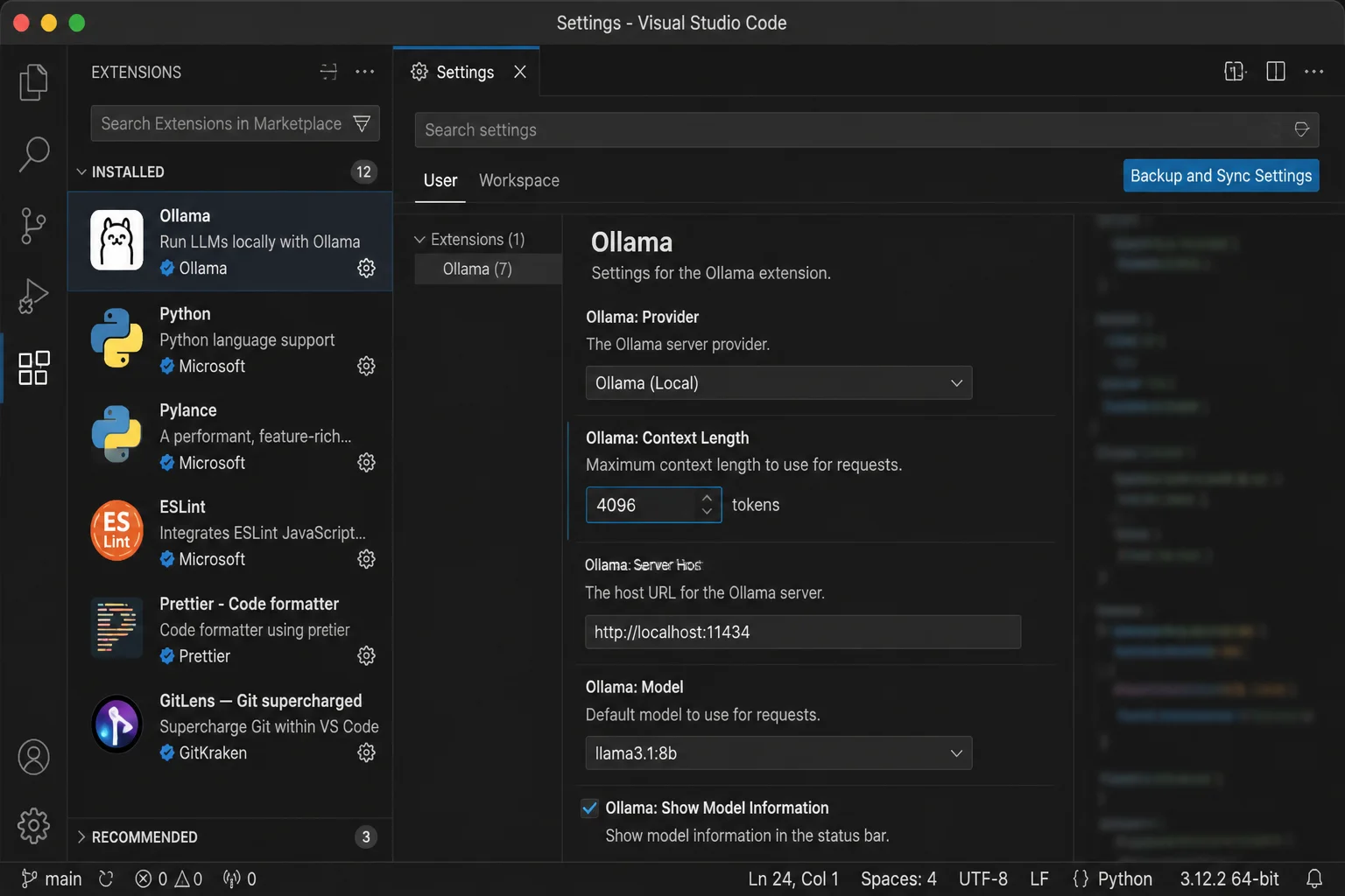 Stable VS Code settings view showing a context-length control and current value, only if the verified extension release exposes one
