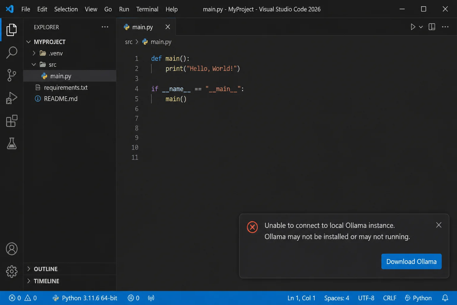 Recreated VS Code error showing the local Ollama service is unreachable, with a callout to start Ollama and verify localhost port 11434