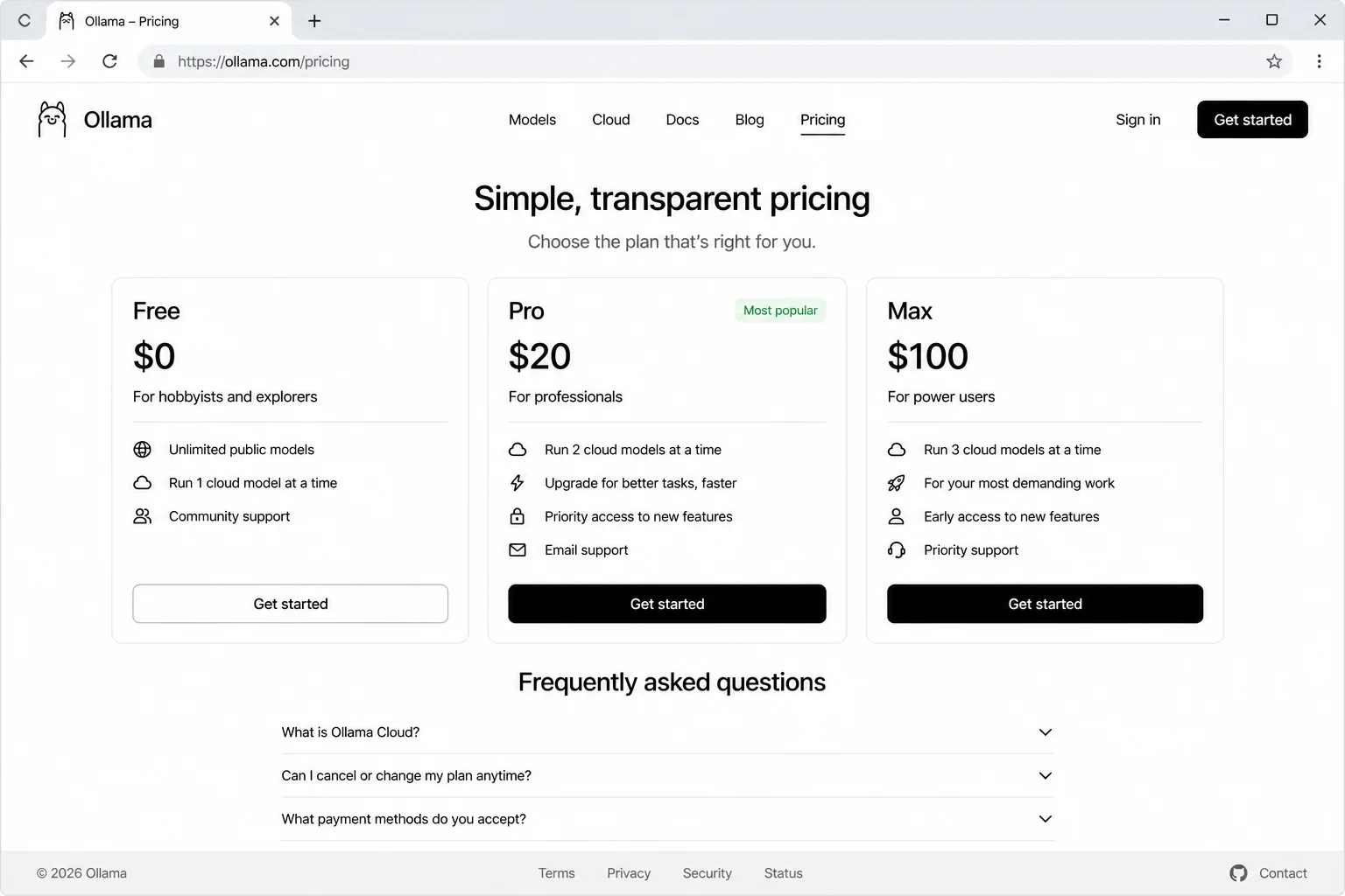 Official Ollama pricing page showing local unlimited use and the current cloud plan limits