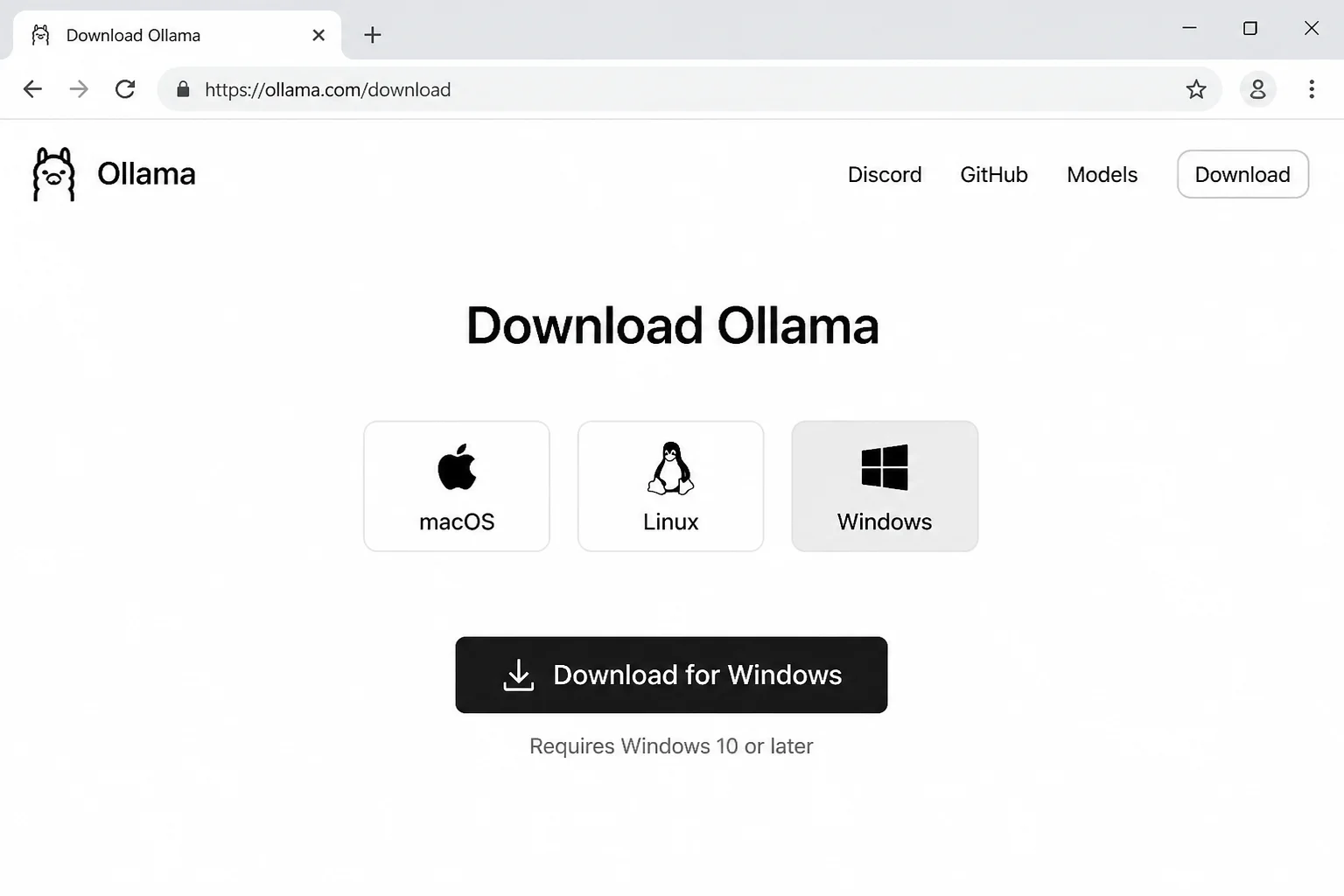 Official Ollama download page showing the Windows and macOS download choices
