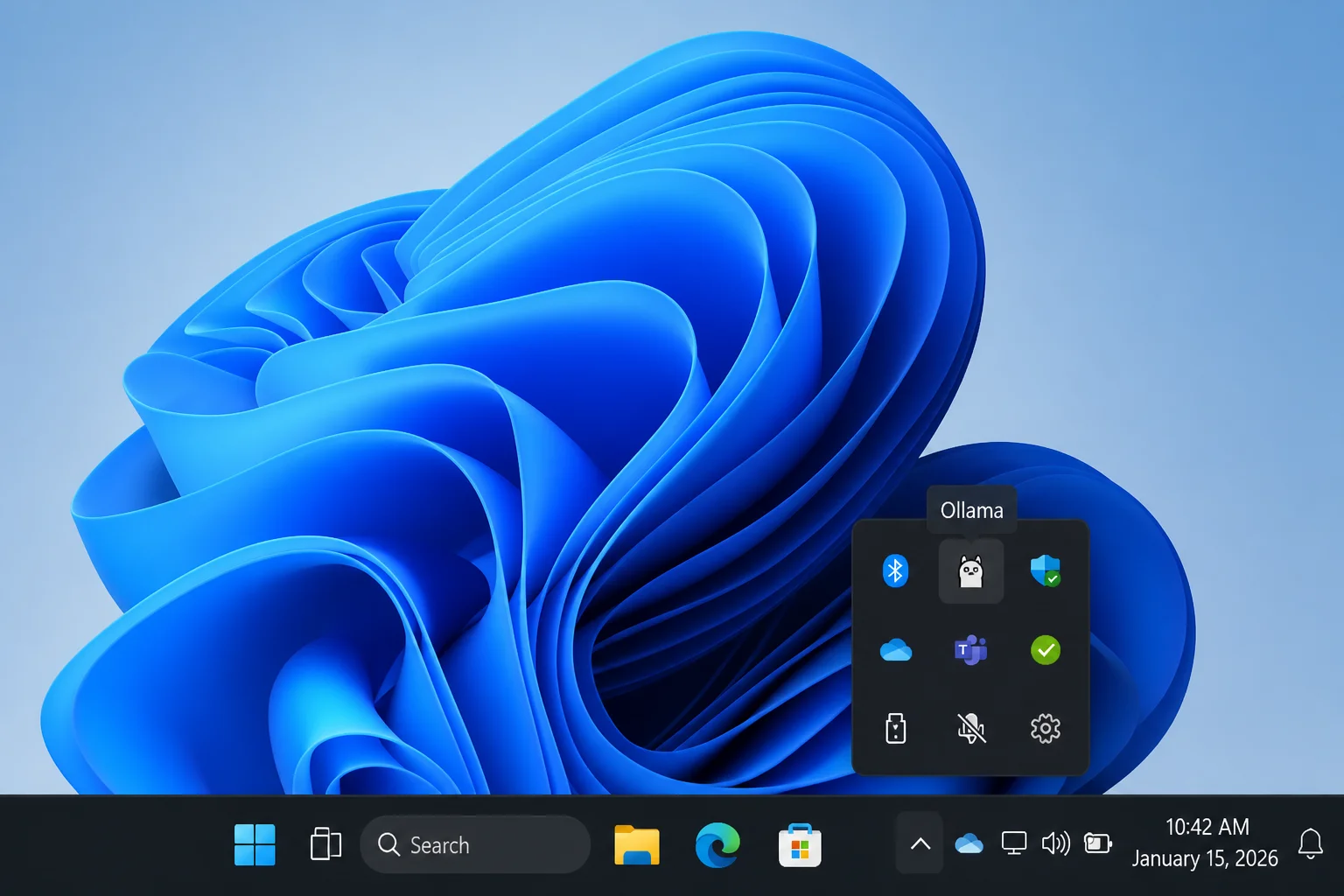 Windows desktop showing Ollama installed and running, with its application or tray state visible and unrelated personal icons hidden