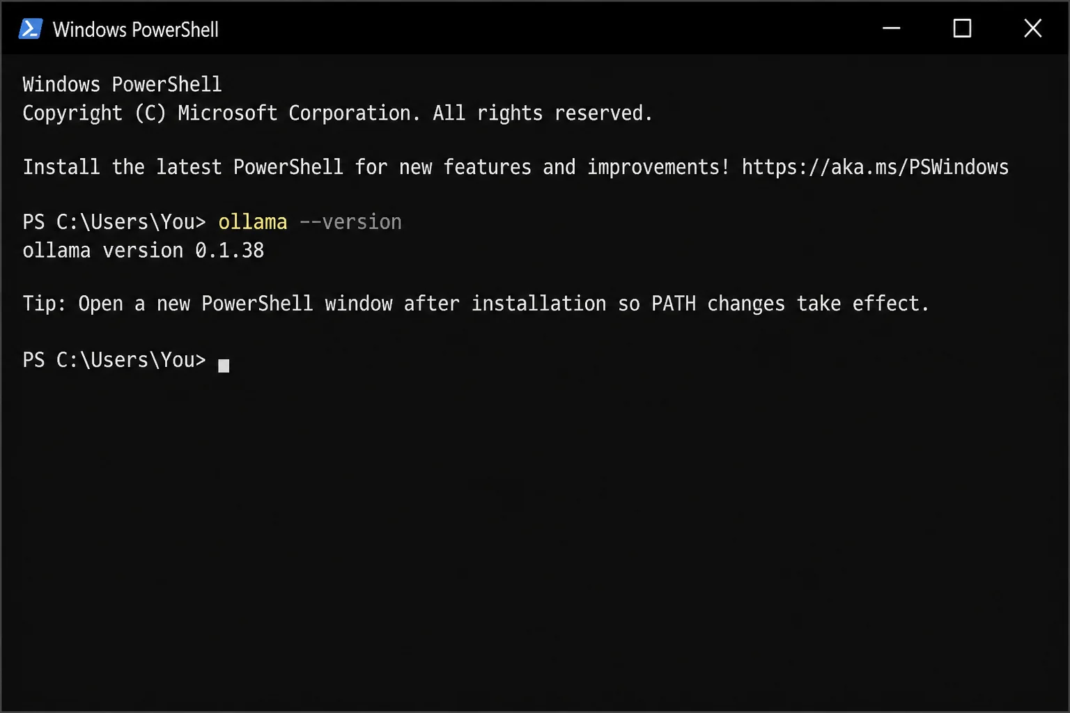 PowerShell showing the installed Ollama version with personal folder paths excluded