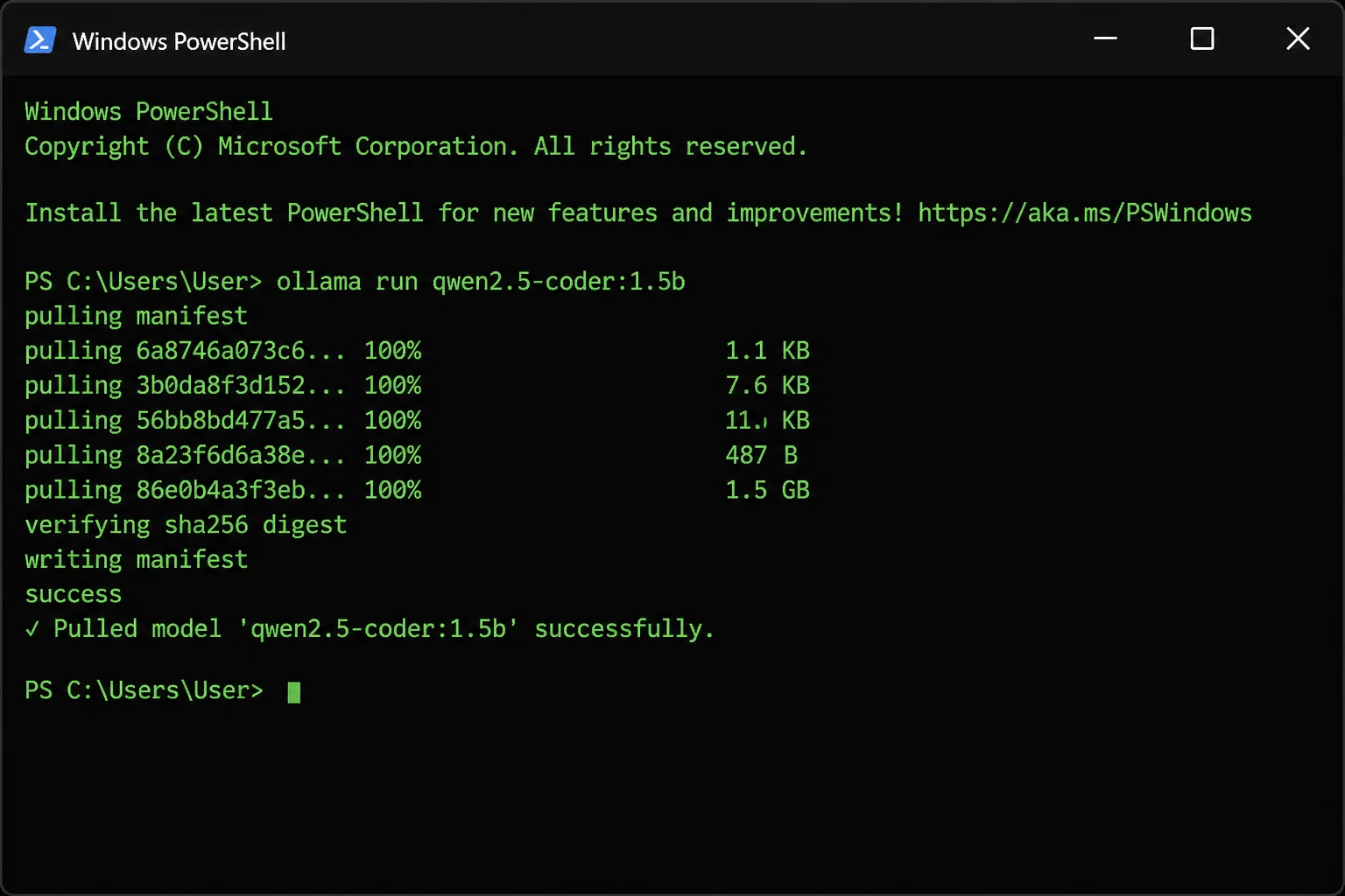 PowerShell showing a completed qwen2.5-coder model pull and success result