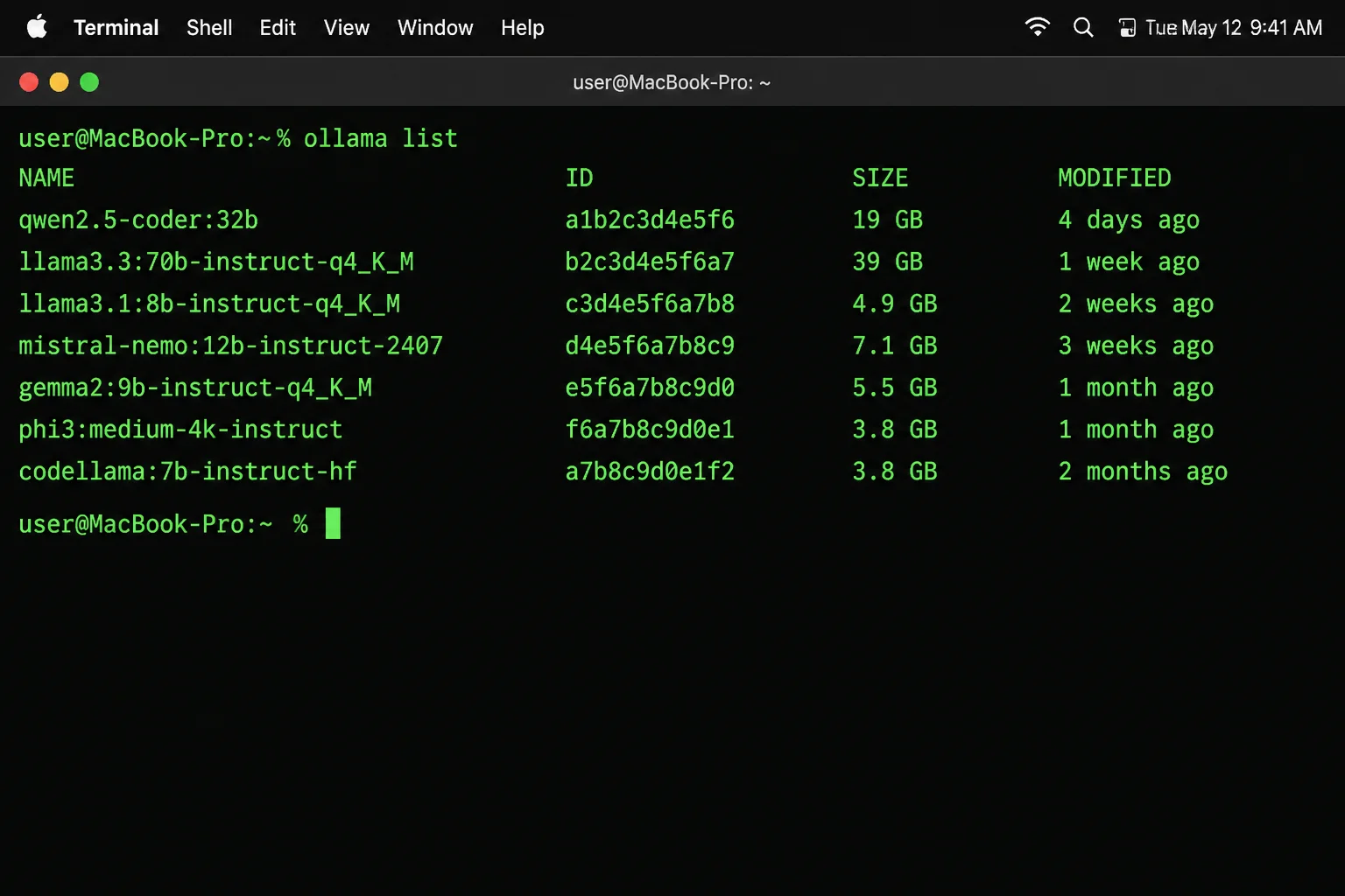 macOS Terminal showing qwen2.5-coder in the local Ollama model list