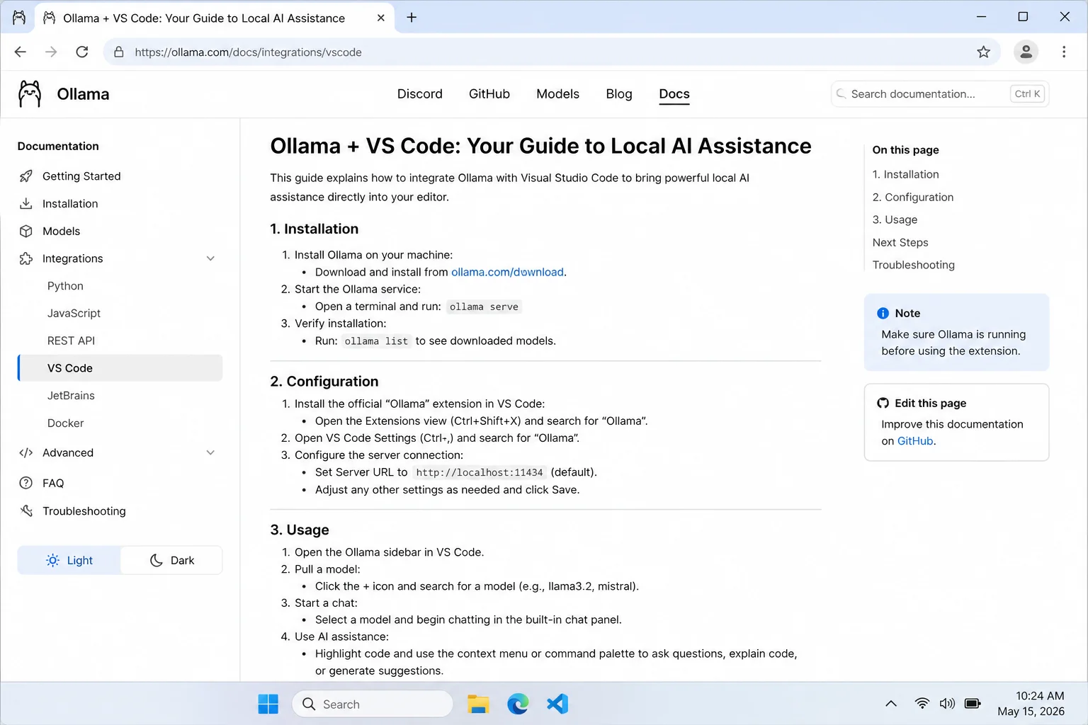 Official Ollama VS Code integration documentation with the current extension link and setup instructions visible