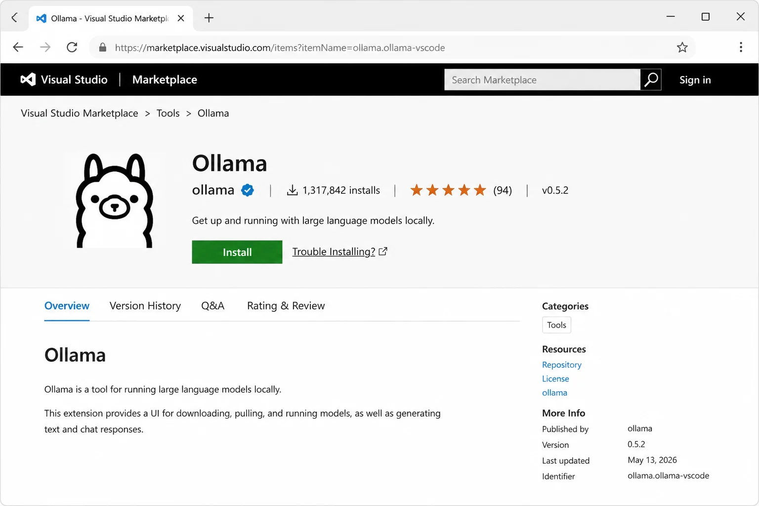 Visual Studio Marketplace listing reached from the official Ollama documentation, with extension name, publisher, and version visible
