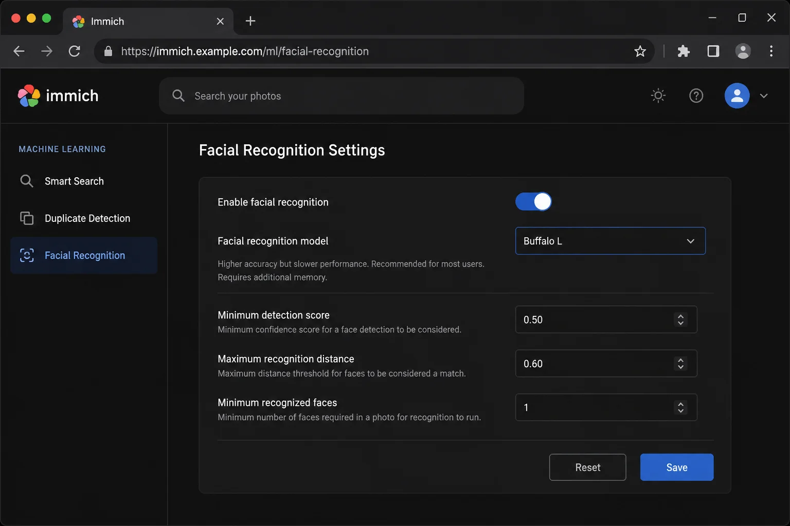 Immich Administration settings with Machine Learning Settings and the reusable Facial Recognition controls visible, without assuming any control is enabled or disabled