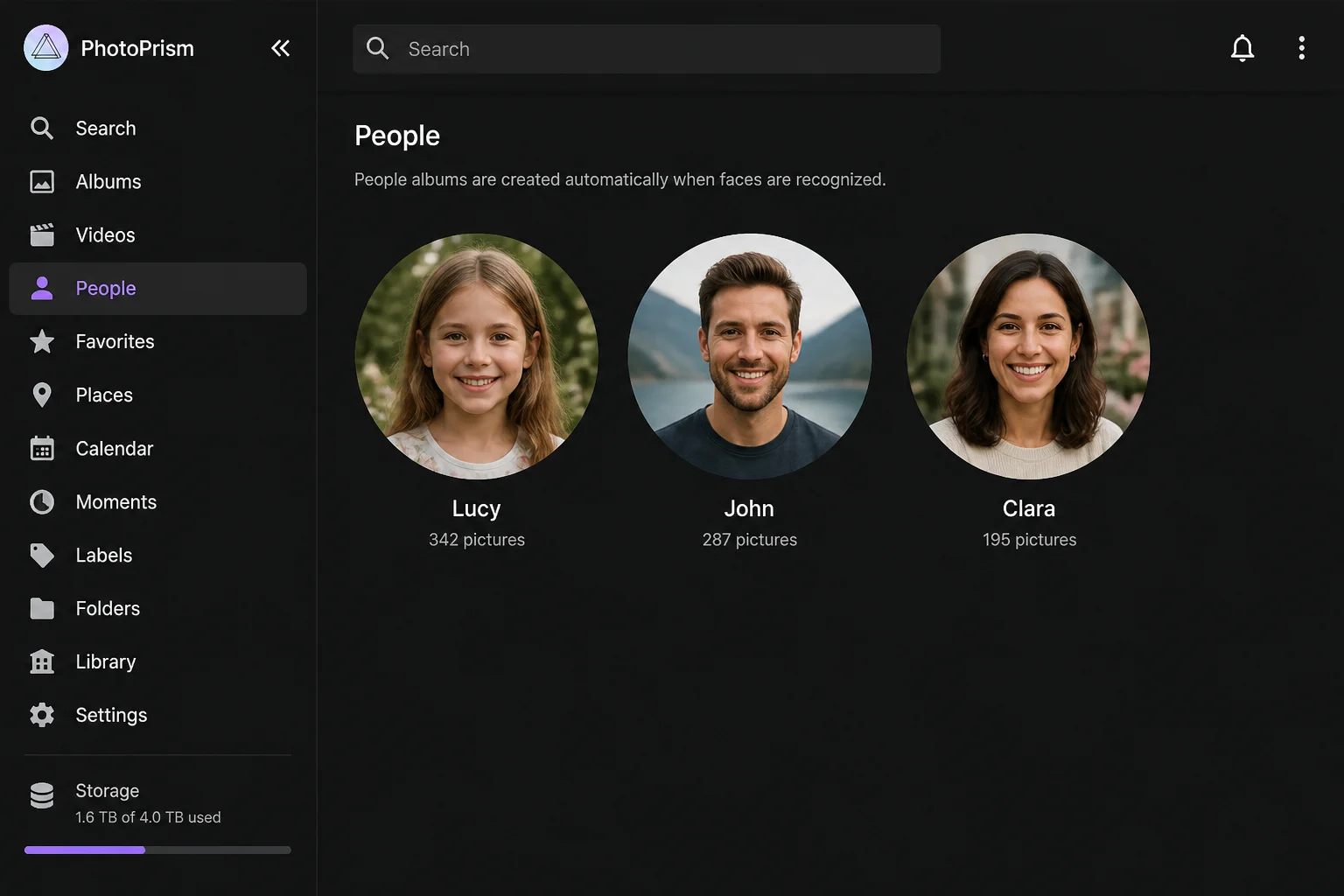 PhotoPrism signed-in search or people interface showing search controls, library navigation, and curation tools