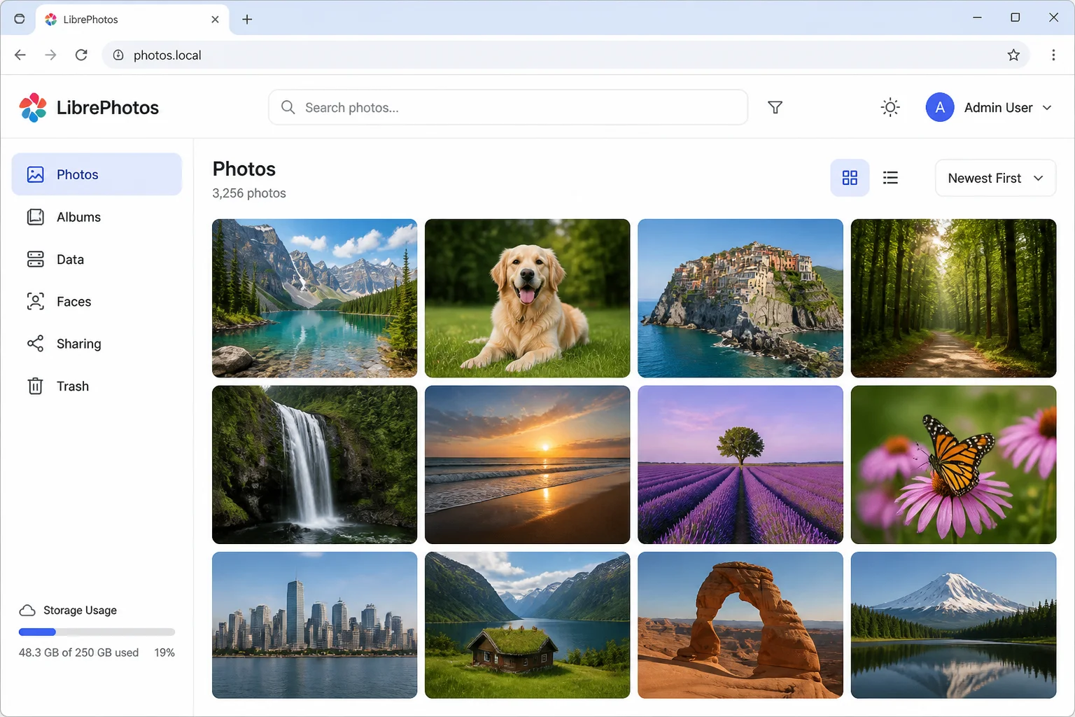 LibrePhotos stable signed-in library interface showing primary navigation, search, and people or face navigation where available