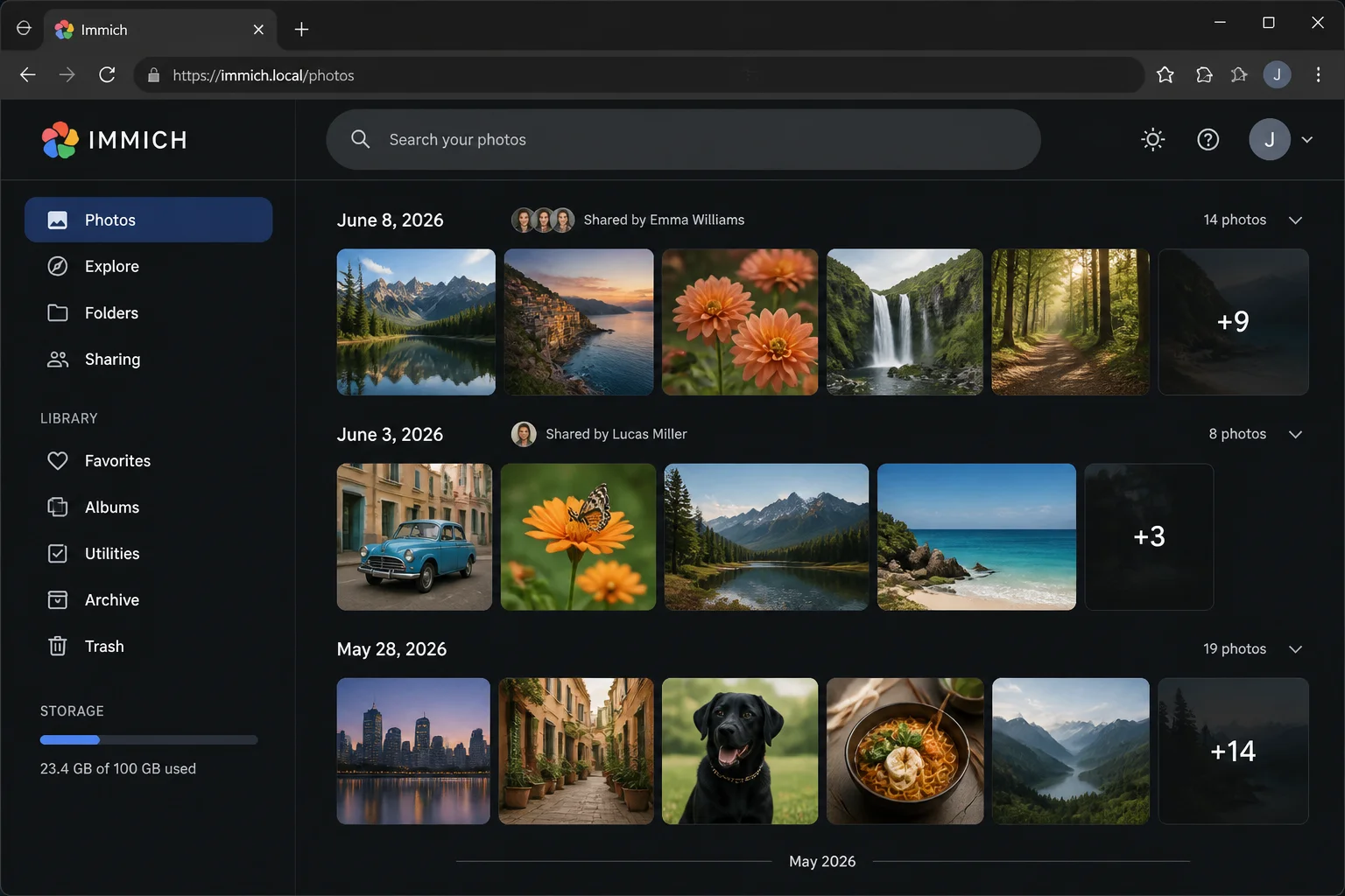 Immich repeatable signed-in library interface with timeline navigation, search, people destination, and sharing navigation visible