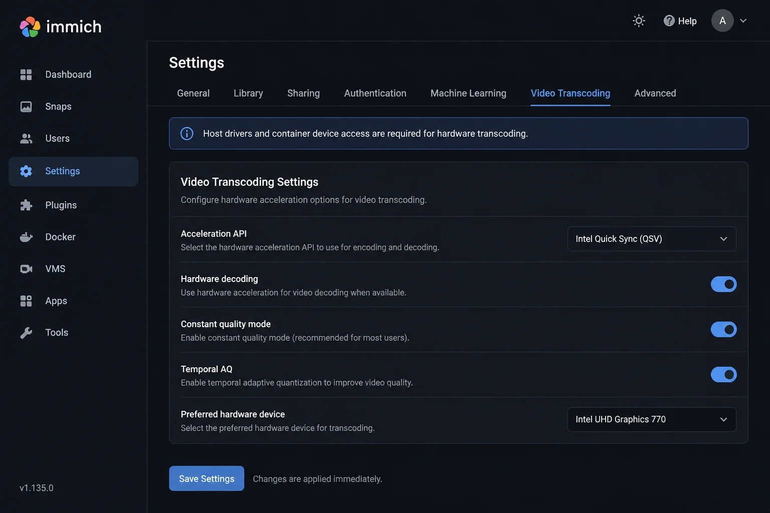 Immich reusable Transcoding settings page showing hardware-decoding controls and a note that host drivers and container device access are also required