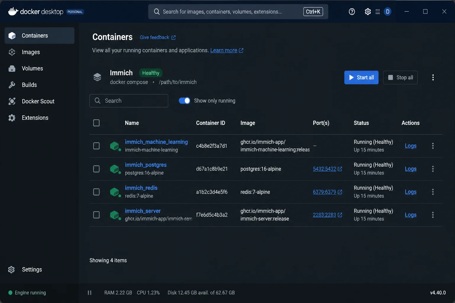 Docker Desktop Containers view showing a healthy Immich, PhotoPrism, or LibrePhotos Compose stack, published ports, container status, and the control used to open logs