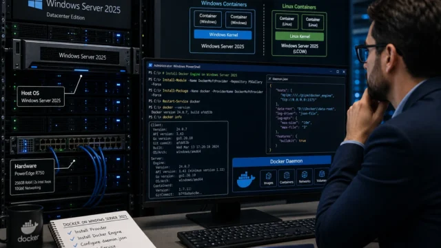 Data center setup with Windows Server 2025 branding, server racks, and a person reviewing code on a large monitor.