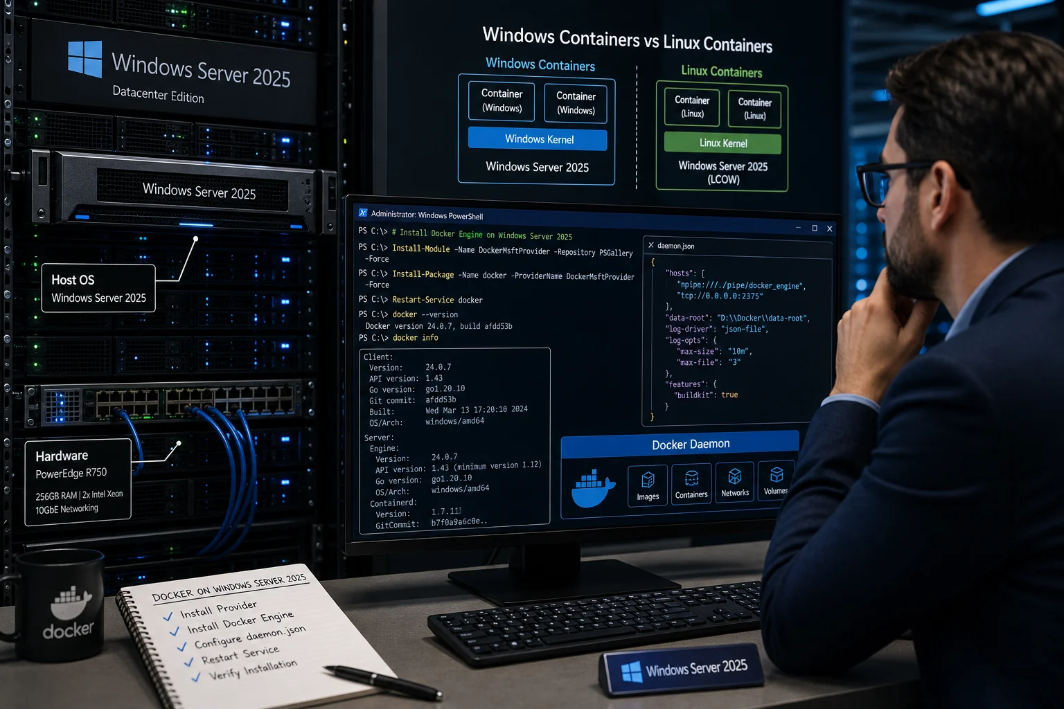Data center setup with Windows Server 2025 branding, server racks, and a person reviewing code on a large monitor.