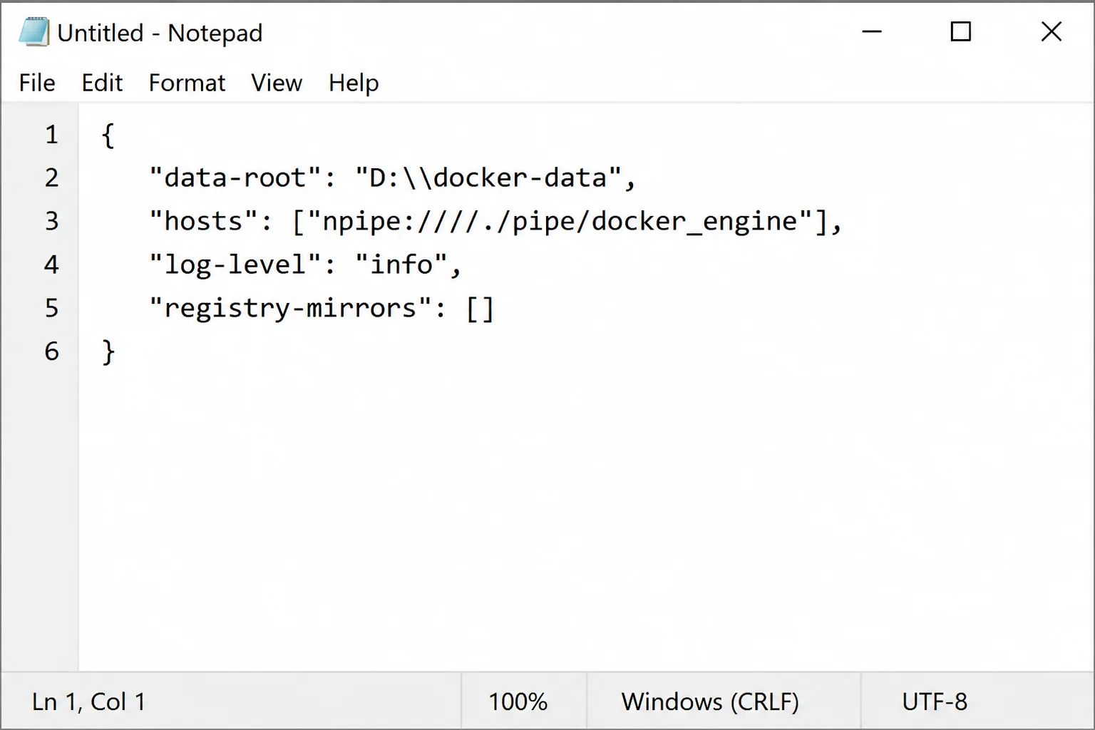 Notepad window showing the contents of daemon.json with data-root and hosts settings visible
